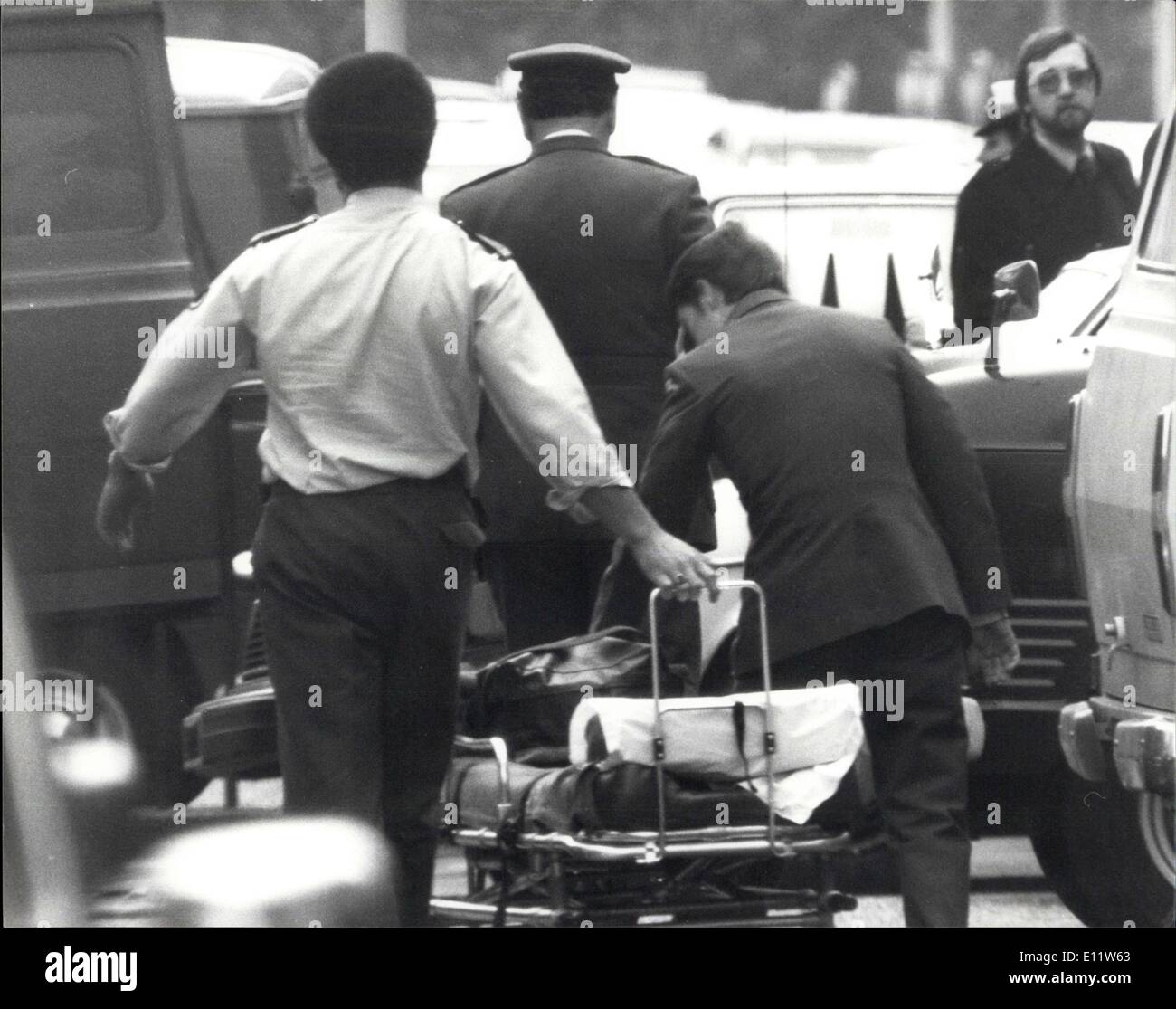 May 01, 1980 - Iranian embassy siege. A stretcher is taken into the Iranian embassy in London this morning. Later one of the British hostages with the Iranians have been held at gun point since yesterday morning was brought out and taken to hospital. Stock Photo