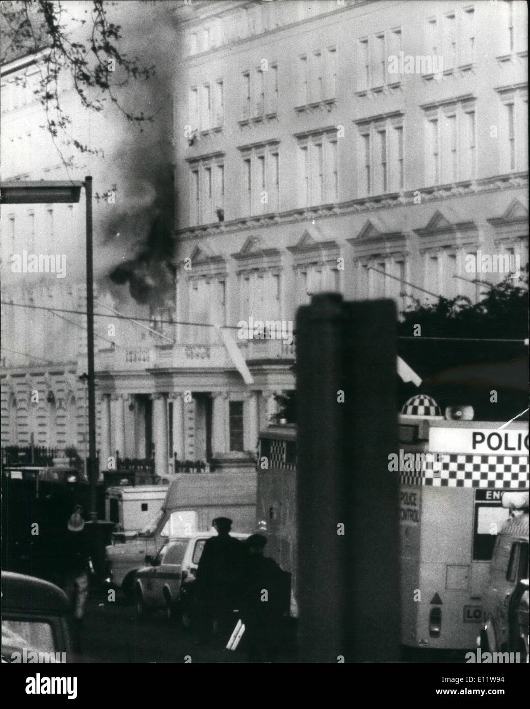 Aug. 08, 1980 - SAS Squad Storm Iranian Embassy And Free All The Hostages: The s-x-day siege of the Iranian Embassy in London;'s Knightsbridge, ended last night in a point police - special Air Service Regt operation in which the remaining 19 hostages were brought out alive from the bombed blasted and burning building. Three of the five terrorist were shot dead, one was wounded and the other one was taken by the SAS. Photo Shows The burning Iranian Embassy Building after the Special Air Services Regt had stormed inside and freed the hostages. Stock Photo