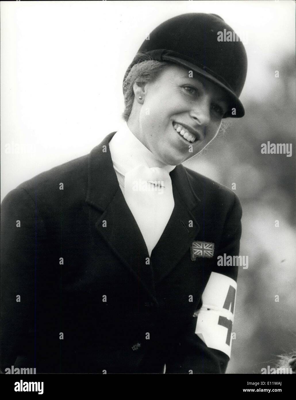 Aug. 15, 1980 - Princess Anne 30 today-takes Part in the Midland Bank Horse Trails at Locko Park: Princess Anne who celebrates her 30th birthday today, was spending the day with her husband Mark Phillips riding in the Midland Bank Horse Trails Championships of Great Britain, at Locko park, Darbyshire. Picture shows: A happy Princess Anne as she took part in the Dressage today. Stock Photo