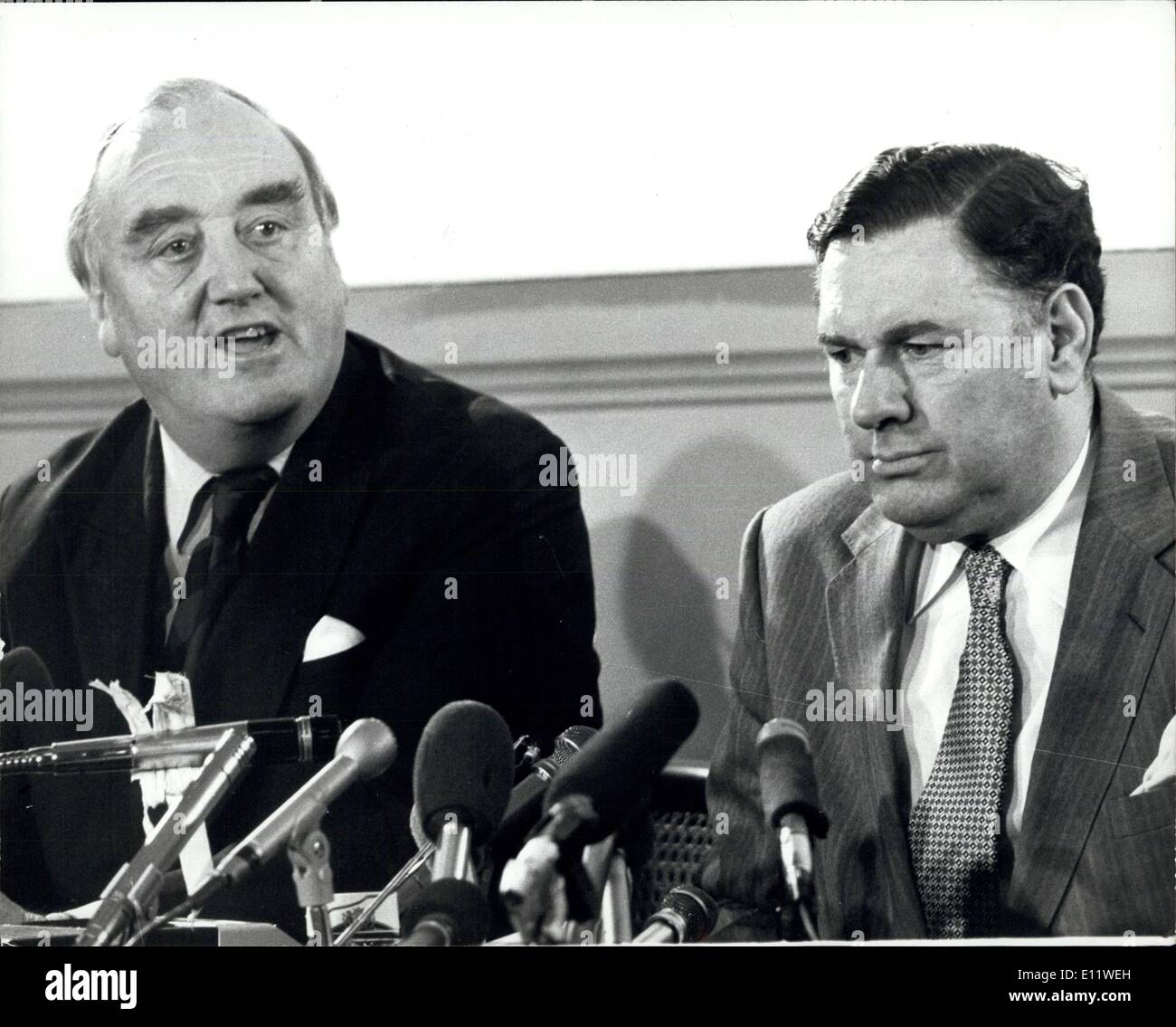May 06, 1980 - The Home Secretary Mr. Willie Whitelaw, left, and Sir David McNee, Metropolitan Police Commissioner, during a press conference after the ending of the siege of the Iranian embassy in London last night. Stock Photo