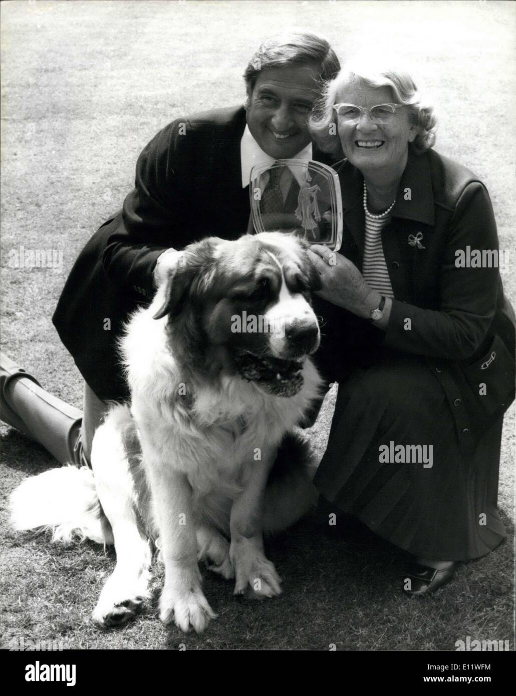 May 19, 1980 - Barbara Woodhouse Gets Pye Colour Television Award: Barbara Woodhouse, the lady who turned a straightforward programme for dog lovers into one of the country's top TV shows, today received the 'Pye Personality of the Year Award', from Bernie Winner's dog -Schnorbitz. Photo shows Barbara Woodhouse with her award after it was presented to her by Bernie Winter's and his dog Schnorbitz in London today. Stock Photo