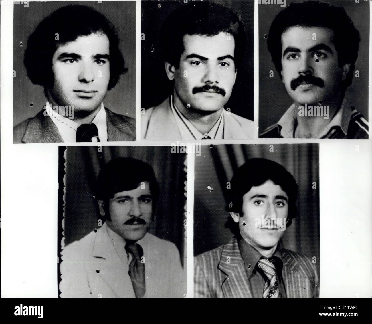 May 27, 1980 - Police Appeal For Siege Information: Scotland Yard are appealing for information about the five terrorists killed during the storming of the Iranian Embassy. Pictures of the dead terrorists have been issued with the names they are believed to have used. All five are believed to be of Iranian nationality. Photo Shows: The five dead terrorists, clockwise from top left: Themir Mohahmed Husein, Shakir Abdullah Radhil, Awn Ali Mohammad, Shakir Sultan Said, Makki Hanoun Ali. Stock Photo