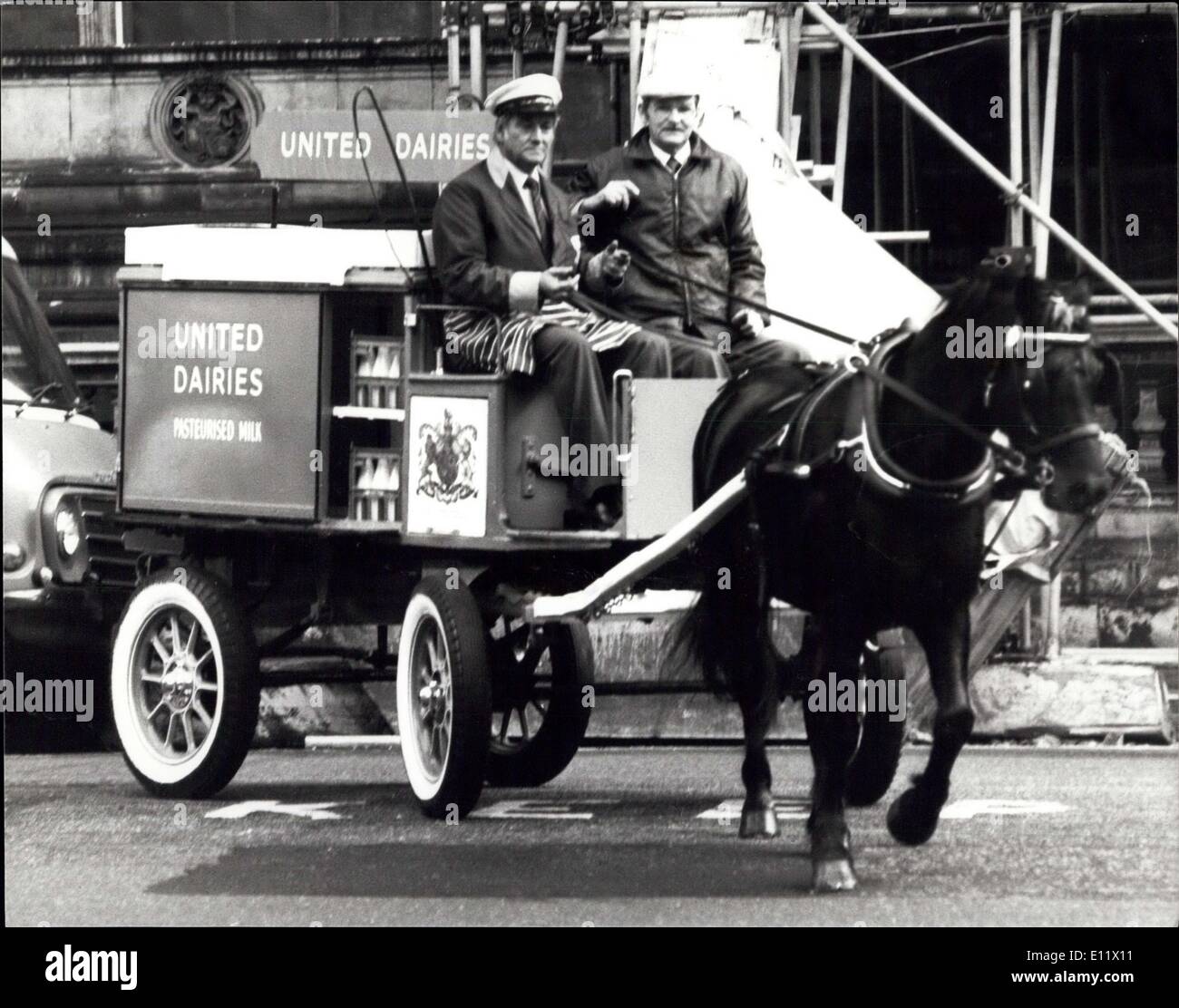 Oct. 07, 1980 - Late Journey for United Dairies Horse-Drawn Float: This purley type float built about 1035 and worked several areas of London before ending its working life about 1957 at the Fulham Deport of the United Dairies, although it continued to be used as a show vehicle until the mid 1960s. We purchased at an auction by the Science Museum in 1979 and has been restored by the Electric Vehicle maintenance department of the UD at Harlenden. Today it made its last journey as it was handed back to the Science Museum to go on display Stock Photo