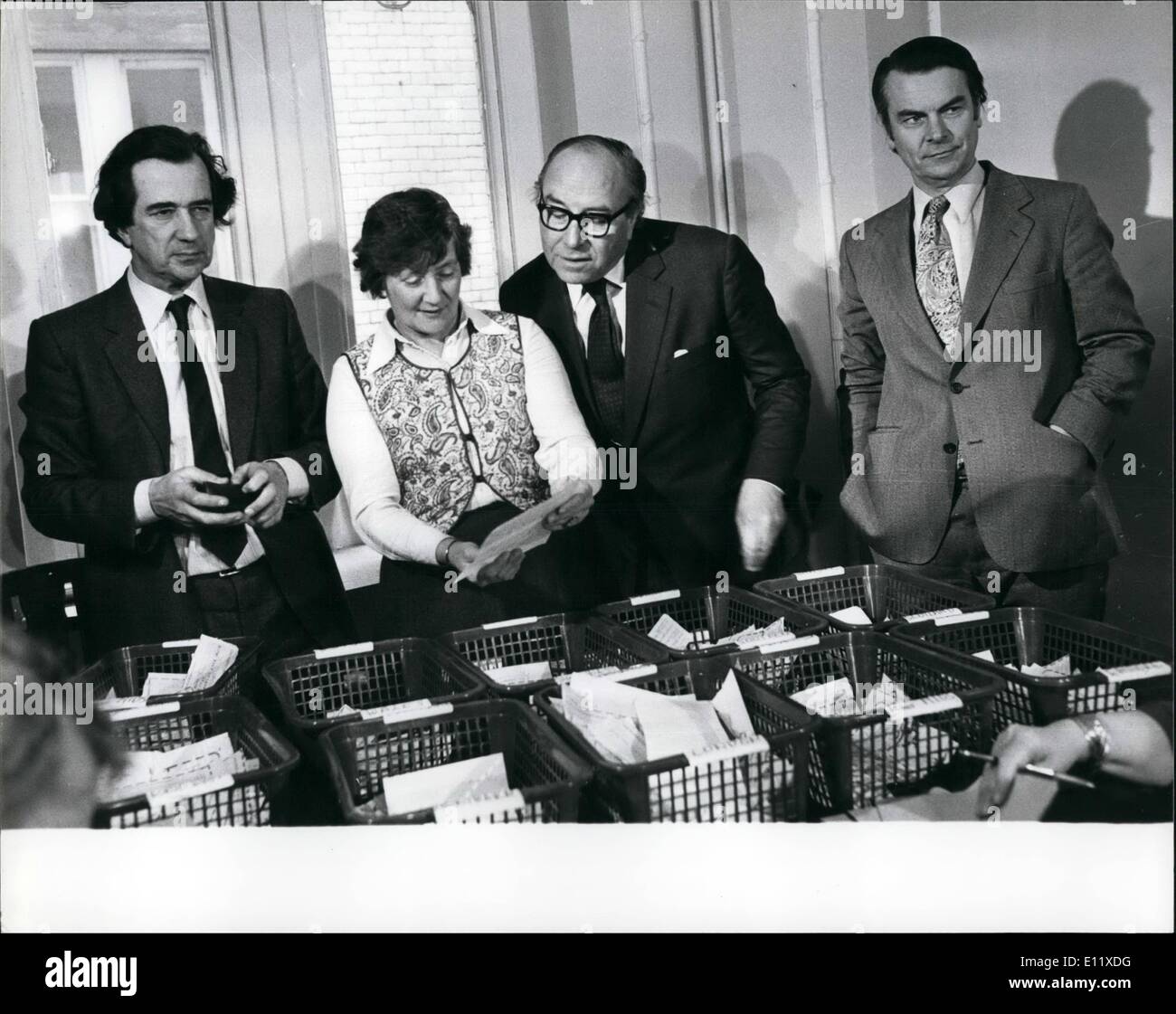 Feb. 02, 1981 - Cash Flows in For Council for Social Democracy.: The founder members of the Council for social Democracy looking at a table full of cheques and postal orders from supporters at the Council's headquarters which was officially opened at 28, Queen Anne's Gate, S.W.L. yesterday. They are from L-R, Mr. William Rodgers, Mrs. Shirley Williams, Mr. Roy Jenkins and Dr. David Owen. Stock Photo