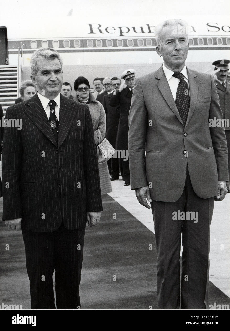 Nov 03, 1980 - Belgrade, Yugoslavia - Romanian Secretary General NIKOLAE CEAUSESCU (L) is greeted at the Belgrade Airport by President of the Socialist Federal Republic of Yugoslavia CVIJETIN MIJATOVIC. Ceausescu is on an official and friendly visit to Yugoslavia. Stock Photo