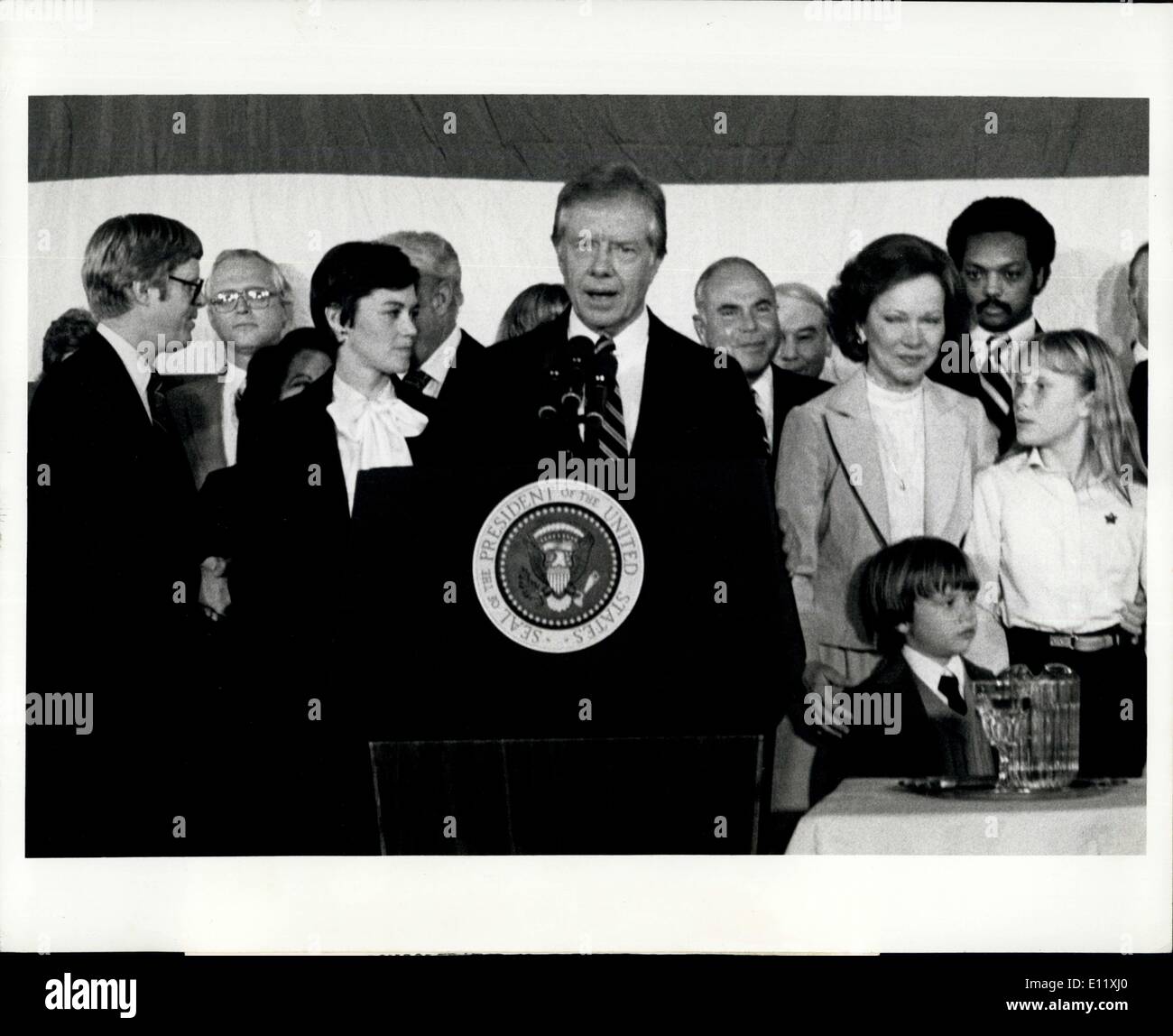 Nov. 04, 1980 - Carter Speaks To Campaign Supporters Washington D.C.: President Jimmy Carter above , surrounded by his wife and Stock Photo