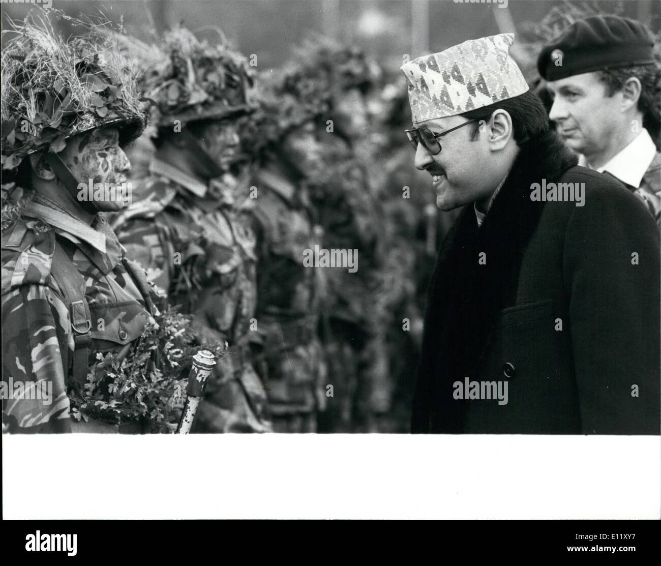 Nov. 11, 1980 - King of Nepal visits his Gurkha troops at Sandhurst: King Birenfra of Nepal, who is on a State visit to Britain, is seen talking to a Gurkha during his visit to Sandhurst after watching members of the 1st Battalion, 2nd King Edward VII's Own Gurkha Rifles demonstrating anti-ambush drill yesterday. Stock Photo
