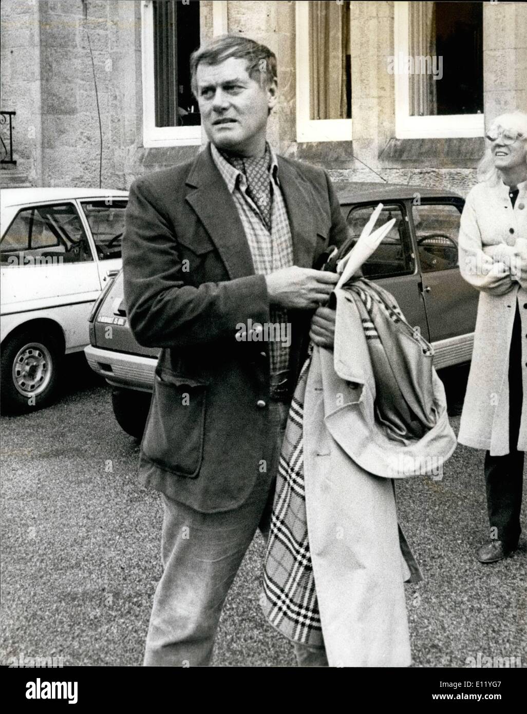 Apr. 04, 1981 - ''Jr'' Mourns Whilst on Holiday in Scotland: American actor Larry Hagman, better known as ''JR'' of TV's ''Dallas'' series, has been holidaying in Scotland with his wife Maj. Here he is seen leaving the Newton Hotel, Nairn, shortly after hearing of the death of the actor who plays his screen father, Jim Davis. The Newton Hotel used to be a favourite haunt of Charles Chaplin. Photo shows Larry Hagman leaving the Newton Hotel. Stock Photo