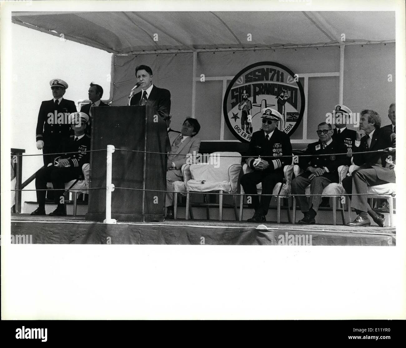 Apr. 04, 1981 - 24 April Ã¢â‚¬Ëœ81 Naval Air Station Norfolk, Virginia. Secretary of Defense Casper W. Weinberger speaks at the commissioning of the nuclear-powered attack submarine USS San Francisco (SSN-711). Behind Weinberger are other distinguished guests, including Secretary of the Navy, John F. Lehman, Jr. Stock Photo