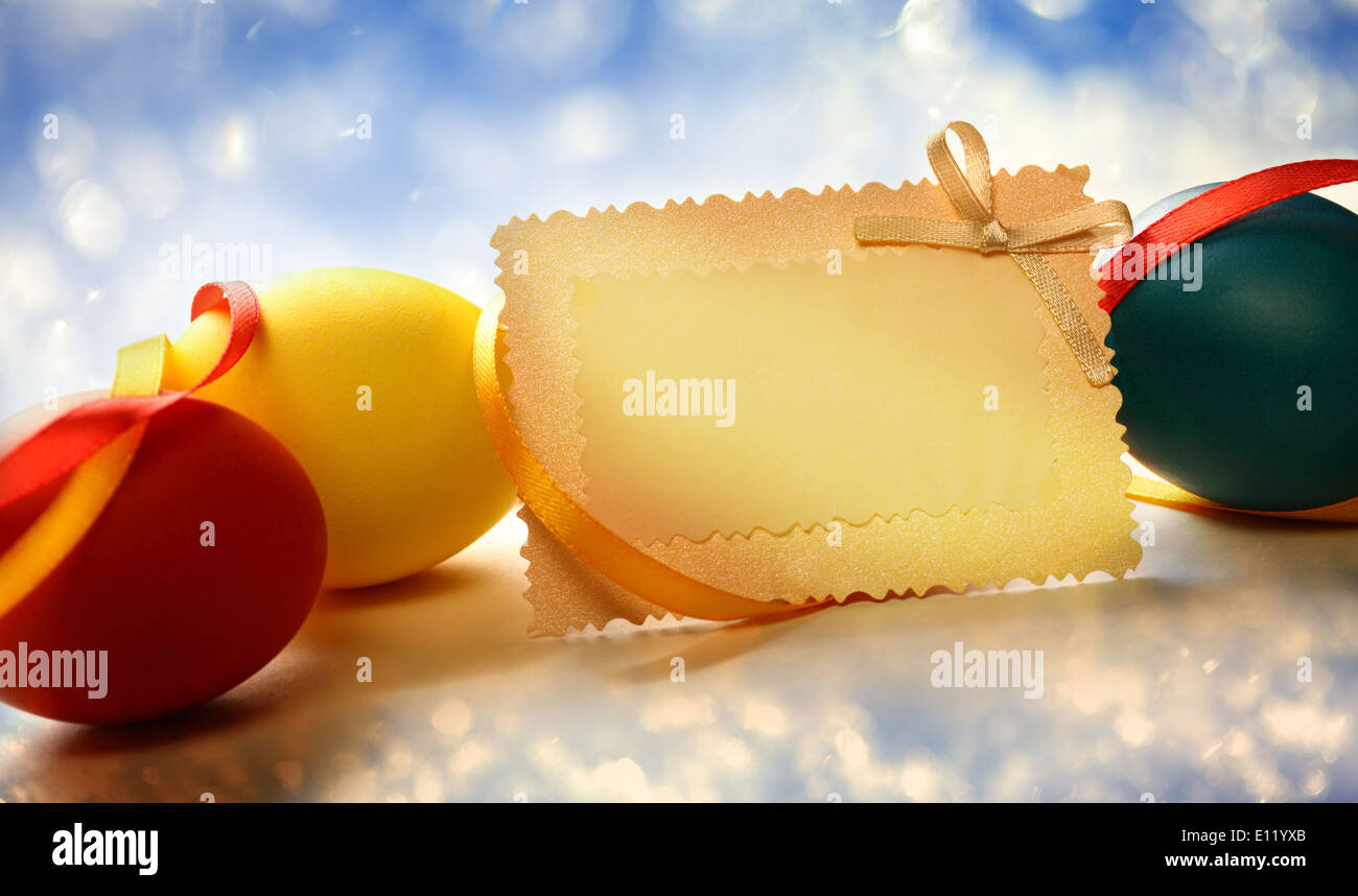 Easter eggs with yellow ribbon Stock Photo