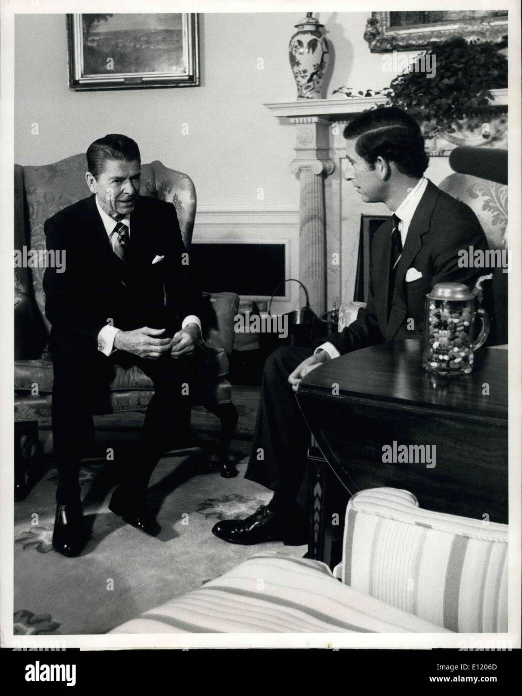May 05, 1981 - President Ronald W. Reagan is shown in the Oval Office as he met with a Prince Cahrles of Great Britain. The Prince is in this country for a weekend end will visit Williamsburg, Va., and other sights in and around Washington. Prince Charles is to be wed in July to Lady Diana. Stock Photo