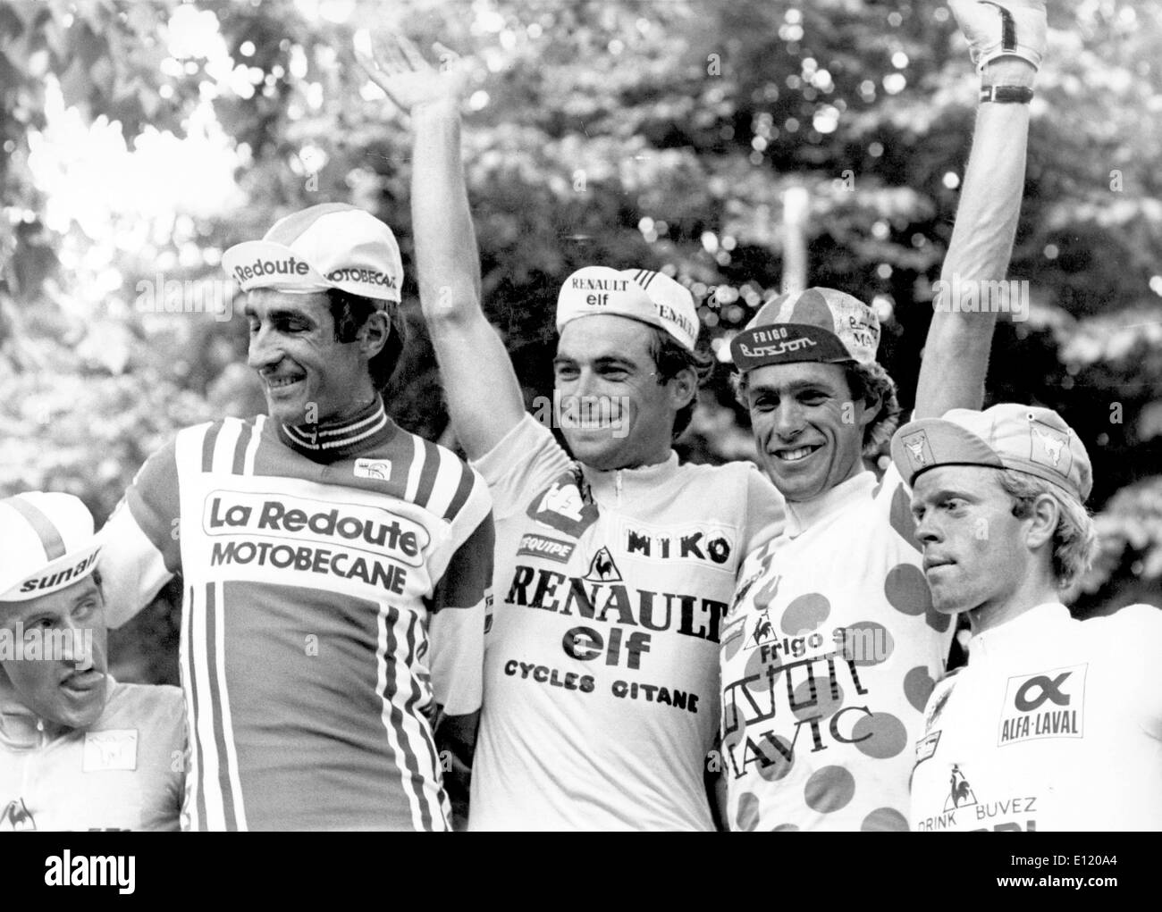 1981 Tour De France, from L - ROBERT ALBAN, Winner BERNARD HINAULT, LUCIEN VAN IMPE and BERNARD ZOETEMELK Stock Photo