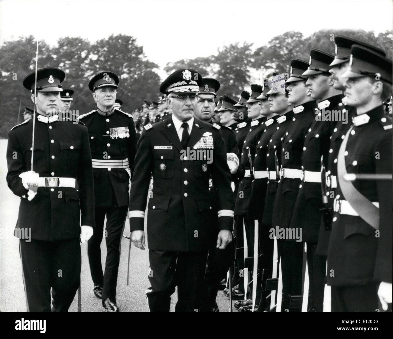 Aug. 08, 1981 - Top Sandhurst Cadet is a Gurkha: For the first time ever, a Gurkha soldier, Officer Cadet Bijay Kumar Rawat, 26, received the highly praized Sword of Honour at the Sandhurst passing out Sovereign Parade today. Reviewing the parade on behalf of the Queen, was General Bernard W. Rogers, Supreme Allied Commander Europe. Photo shows American General Bernard W Rogers, Supreme Allied Commander Europe, seen reviewing the parade on behalf of The Queen at Sandhurst today. Stock Photo