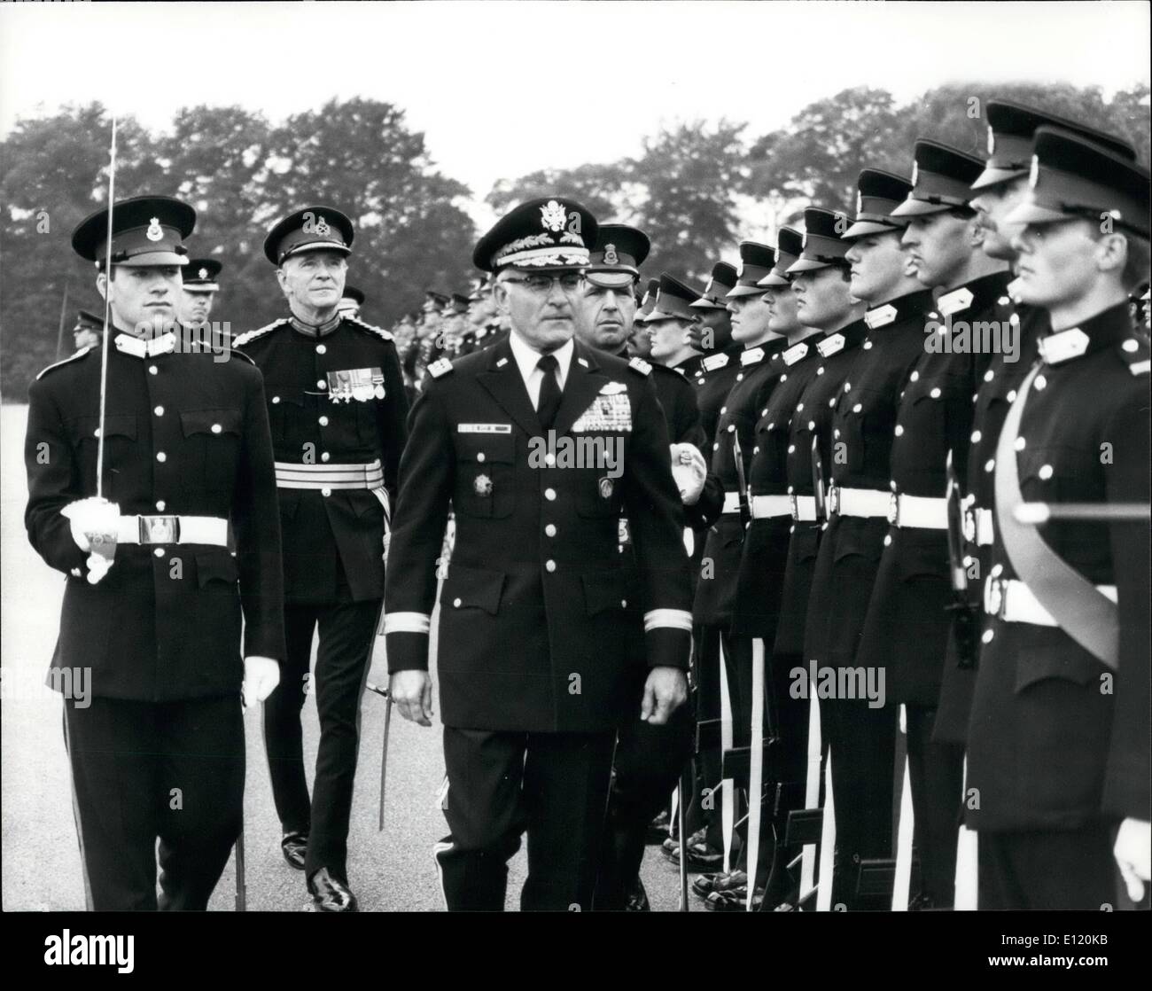 Aug. 08, 1981 - Top Sandhurst Cadet is a Gurkha: For the first time ever, a Gurkha soldier, Officer Cadet Bijay Kumar Rawat, 26, received the highly praised Sword of Honour at the Sandhurst passing out Sovereign Parade today. Reviewing the parade on behalf of The Queen, was General Bernard W.Rogers, Supreme Allied Commander Europe. Photo shows American General Bernard W. Rogers, Supreme Allied Commander Europe, seen reviewing the parade on behalf of The Queen at Sandhurst today. Stock Photo