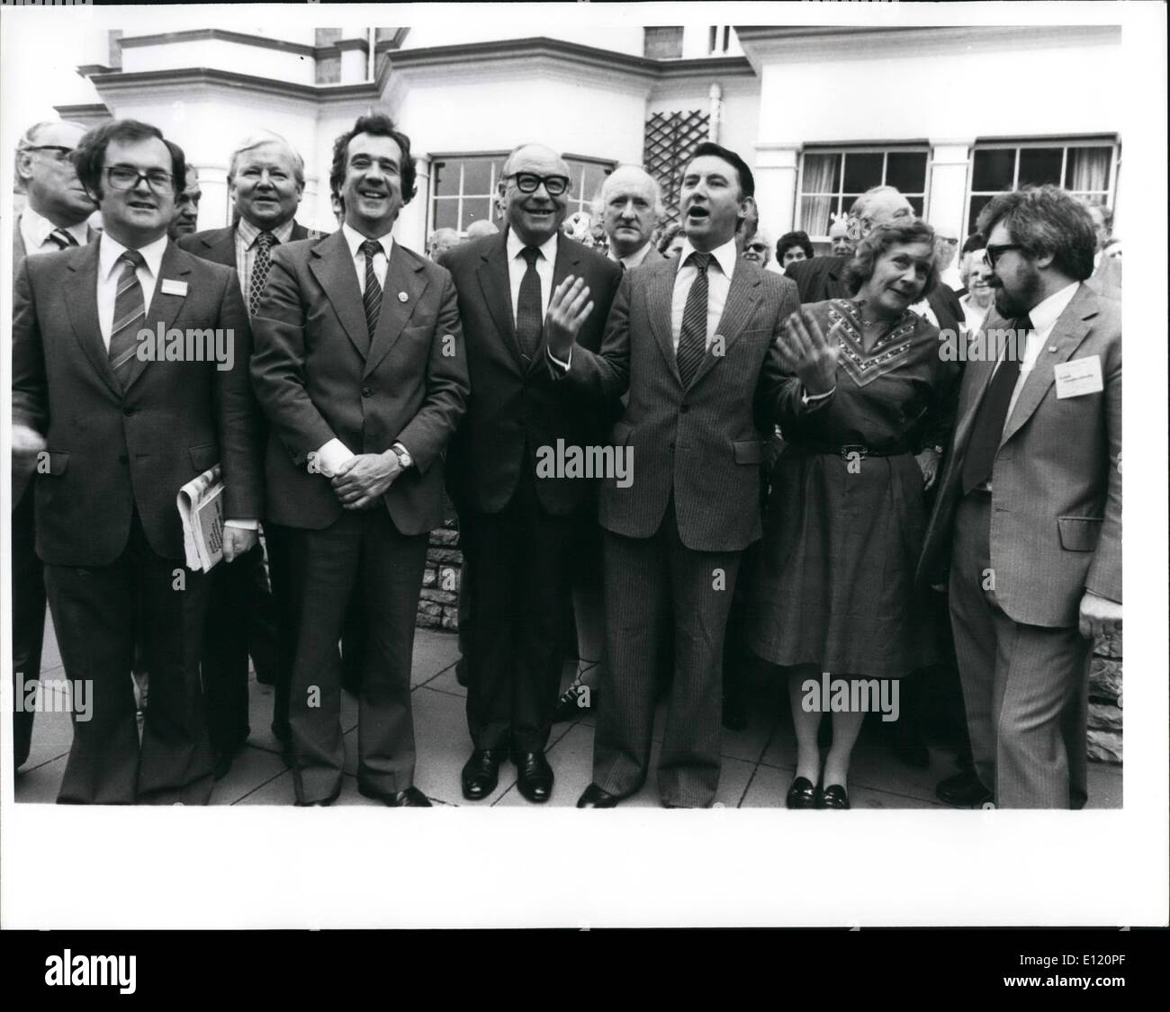 Sep. 09, 1981 - Liberal Party Conference: The historic decision to form an alliance between the Liberal Party and the Social Democrat Party, was made today at the Liberal Party Conference in Llandudo, carried by a majority vote of 1600 to 112. Photo shows the Liberal and SDP MP's (L to R) Alan Baith 9Lib) Richard Wainright (Lib) Bill Rodgers (SDP) Jo Grimond (Lib) David Steel (Lib) Cyril Smith (Lib) Shirley Williams (SDP) Mike Thomas (SDP) outside the conference hall. Stock Photo