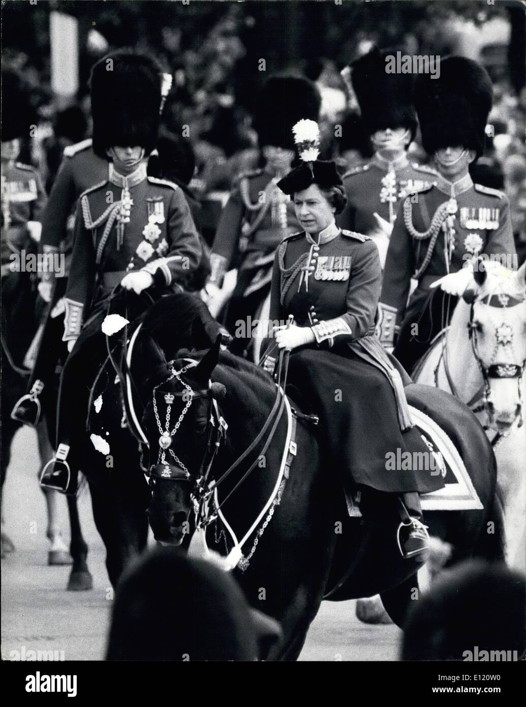 Jun. 06, 1981 - Youth fires six blank shot at the Queen during trooping ceremony: As the Queen was riding down the Mall of trooping the Colour Ceremony on Horse Guard Parade on Saturday, 17 year old Marcus Simon Sargeant fired six blank shot at her from a relpica pistol, making her horse Burmese bolt for a few yards before the she got it under control she then carried on for the trooping ceremony. Sargeant was arrested and appeared at Bow Street Court today charged under Section two of the Treason Act. 142 Stock Photo