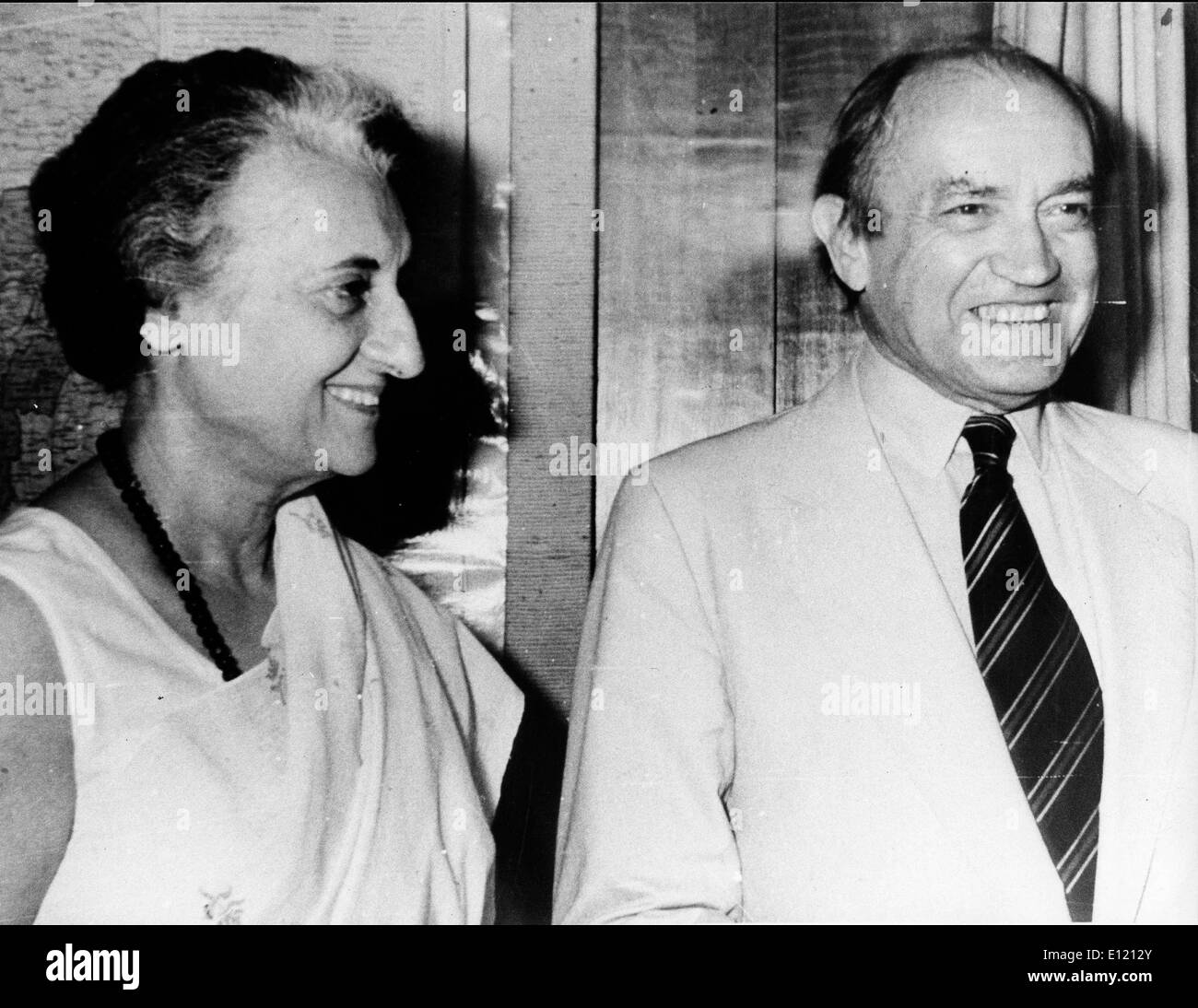 Prime Minister INDIRA GANDHI and CLAUDE CHEYSSON, Minister for External Relations of France Stock Photo