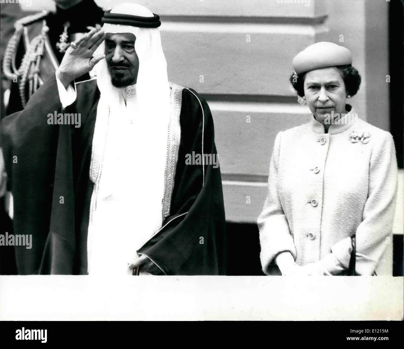 Jun. 09, 1981 - June 9th 1981STATE VISIT OF KING KHALED OF SAUDI ARABIA King Khaled of Saudia Arabia was welcomed at Victoria Station today by the Queen and Prince Phillip and other members of the Royal family at the start of his three day State visit to Britain.Tight security was in forxe owning to reports from the Middle-East of an assassignation may be made during his visit to London, PHOTO SHOWS: King Khaled saluting the guard of honour watched by Queen elizabeth on his arrival at Victoria Station today,before the drive to Buckingham Palace. Stock Photo