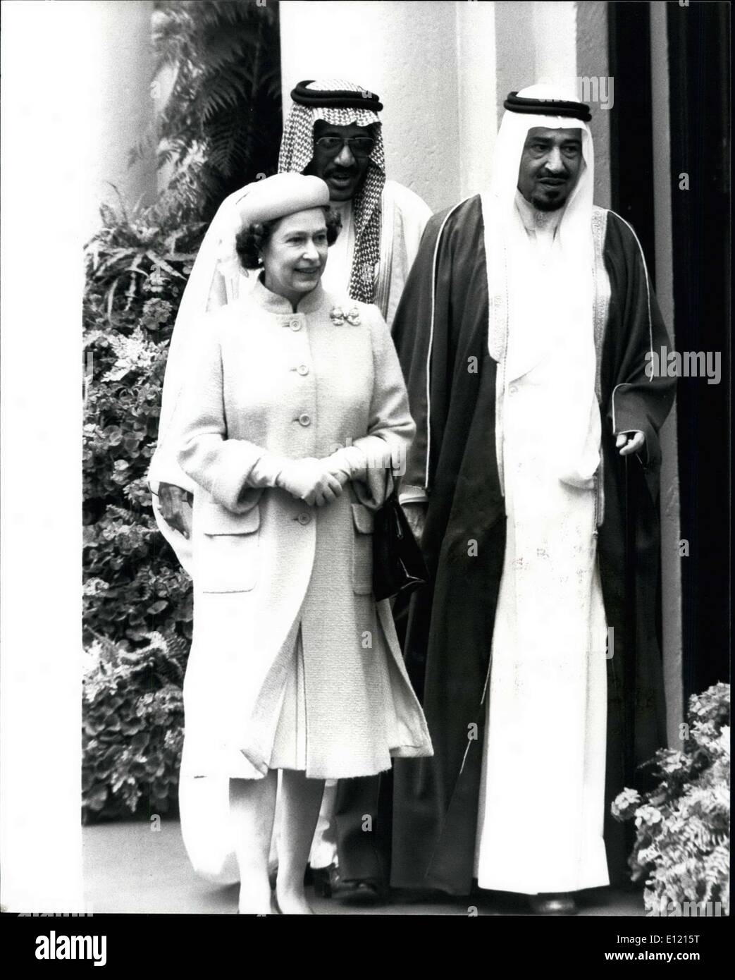 Jun. 09, 1981 - State Visit of King Khaled of Saudi Arabia: King Khaled of Saudi Arabia was welcomed at Victoria station today by the Queen and Prince Philip and other members of the royal Family, at the start of his three-day visit to Britain, tight security was in force owning to reports from the Middle-east of an assassination attempt made be made on him during his visit to London. Picture shows: King Khaled seen leaving the station with Queen Elizabeth after his arrival in London today. Stock Photo