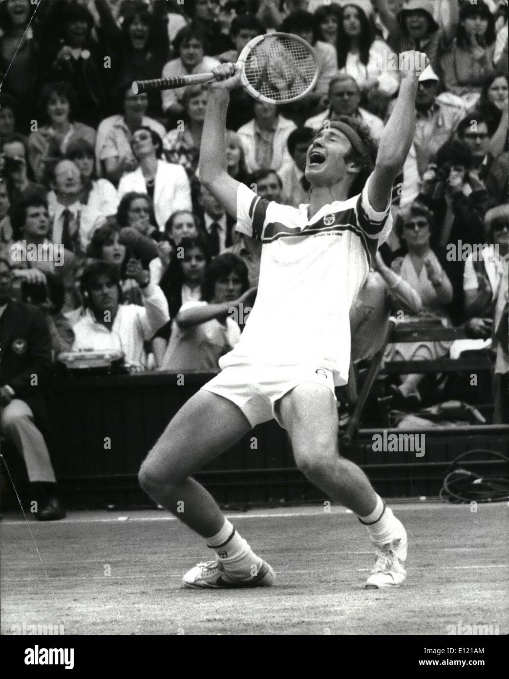 Jul. 05, 1981 - July 5th 1981 McEnroe wins the Wimbledon Title. American John McEnroe became the Wimbledon champion on Saturday when he beat the holder of the title for the last five years, Bjorn Borg. 6-4, 6-7, 6-7, 4-6. Photo Shows: John McEnroe at the moment of victory after winning the men's singles title on the centre court at Wimbledon. Stock Photo