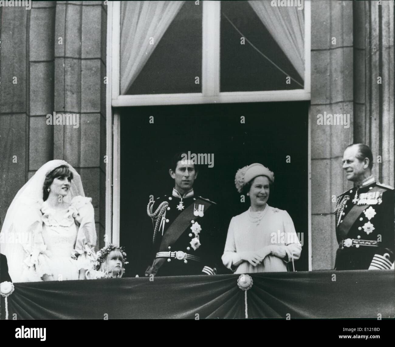 Jul. 07, 1981 - Prince And Princess Of Wales With The Queen And Prince Philip: Photo shows Prince  Wales and and his bride with the Queen and Prince Philip on the balcony of Buckingham Palace as they are greeted by the mass crowds. Stock Photo