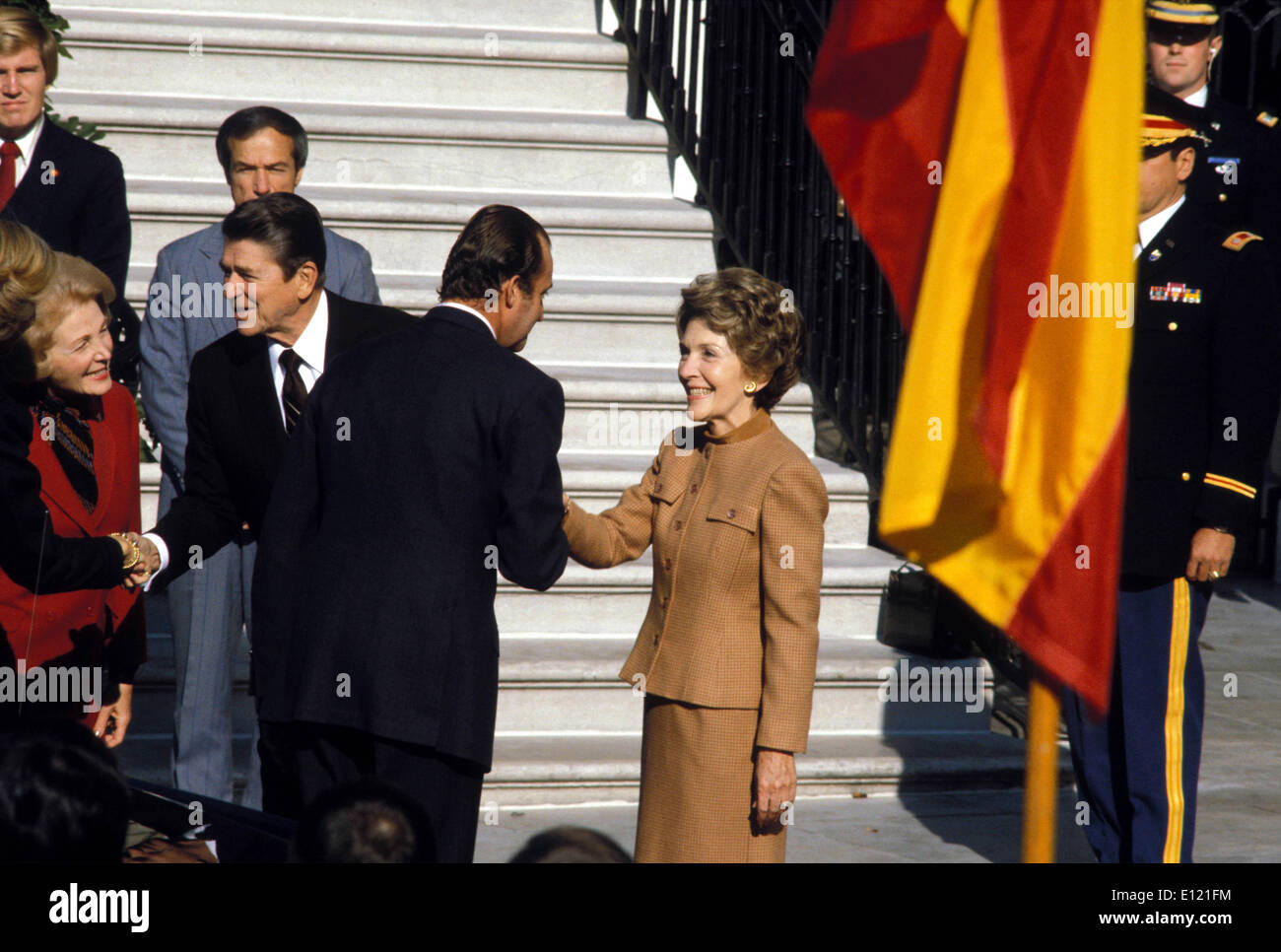Oct 13, 1981; Washington, DC, USA; The wife of United States Republican President RONALD REAGAN, NANCY REAGAN, welcomes the King of Spain JUAN CARLOS I for his state visit at the White House.. (Credit Image: KEYSTONE Pictures USA/ZUMAPRESS.com) Stock Photo