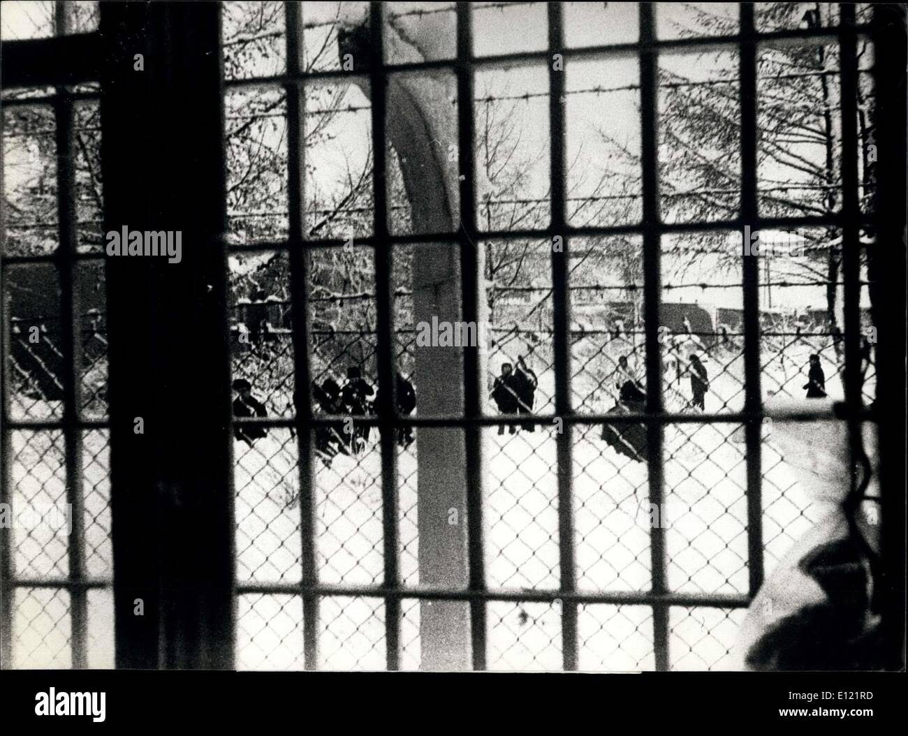Oct. 01, 1982 - First pictures from Polish internment camps Members of ''Solidarity'' trade union and other intellectuals are seen through the bared window on the backyard of the internment camp of Bialolenka near Warsaw (Poland). This are the first pictures being brought to Western Europe recently. At Bialolenka camp and others Polish martial law government arrested members of ''Solidarity'' and other persons so called ''Dissidents' Stock Photo