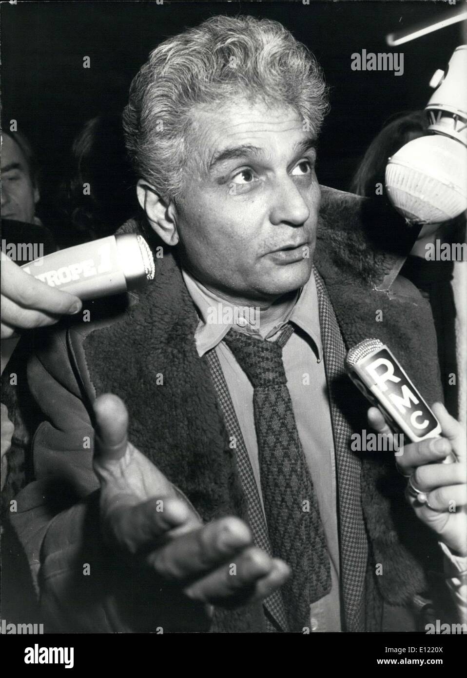Jan. 04, 1982 - Philosopher Jacques Derrida was arrested and imprisoned after customs agents in the Prague airport found drugs in his suitcase. However, according to the philosopher and the French authorities, the arrest was a political move to deter French intellectuals from visiting Poland, more than a reaction to what Derrida had in his suitcase. Derrida is pictured here telling journalists about the horrid conditions in Czech prisons. Stock Photo