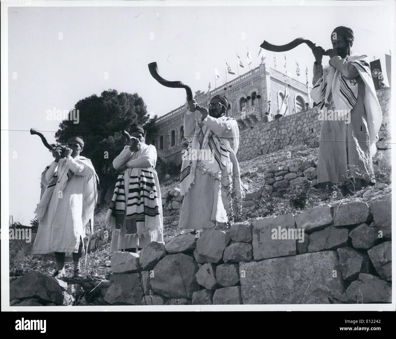 Jan. 01, 1983 Shofar Blowers Celebrating Passover in Jerusalem Stock