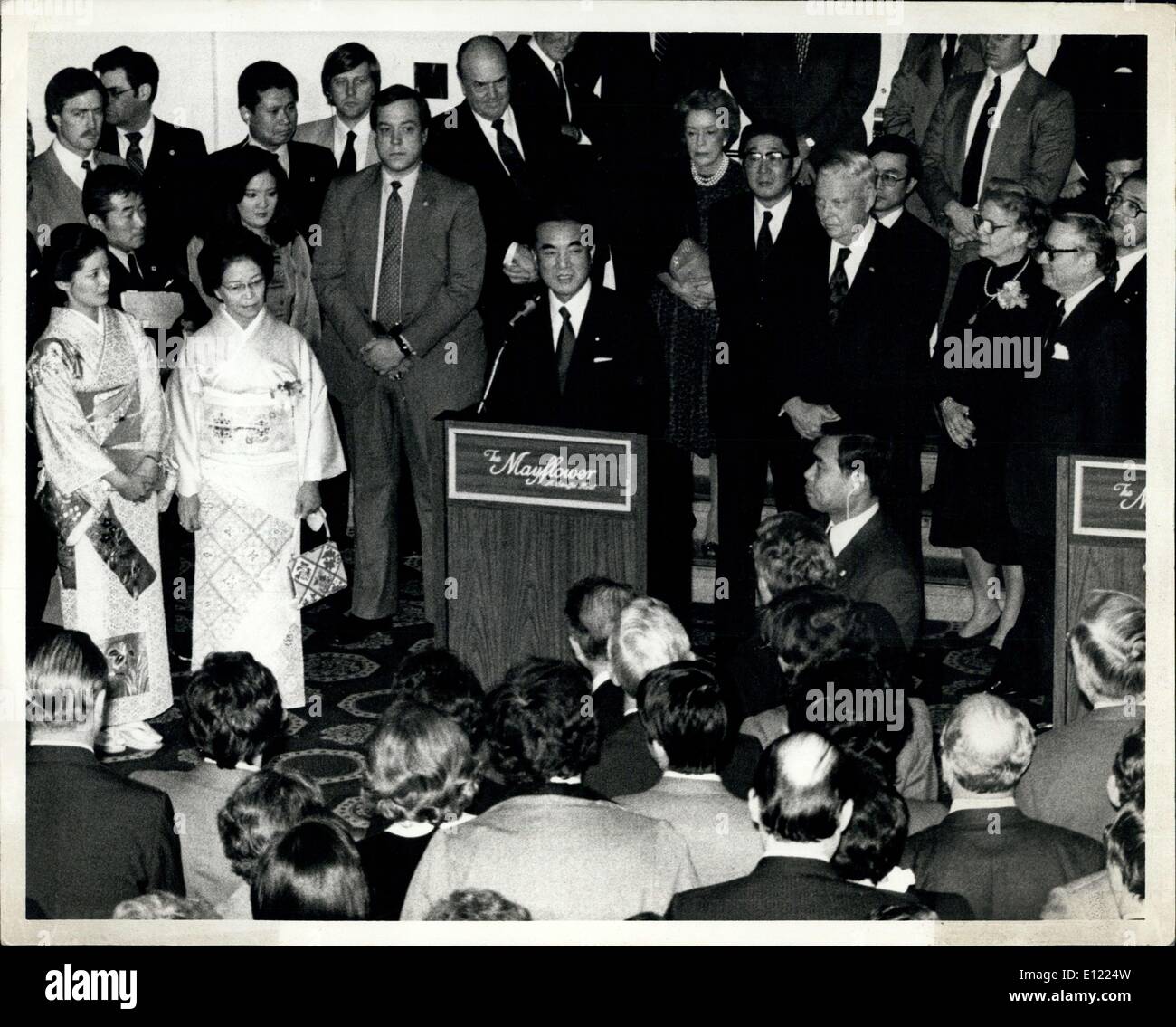 Jan. 18, 1983 - On U.S. Japan Relations: Washington, D.C. Prime Minister of japan Yasuhiro Nakasone Addresses the hosts at a reception given in his honor by the U.S. - japan Society at the Mayflower Hotel. Nakasone is in Washington for meetings with high level U.S. Government Stock Photo