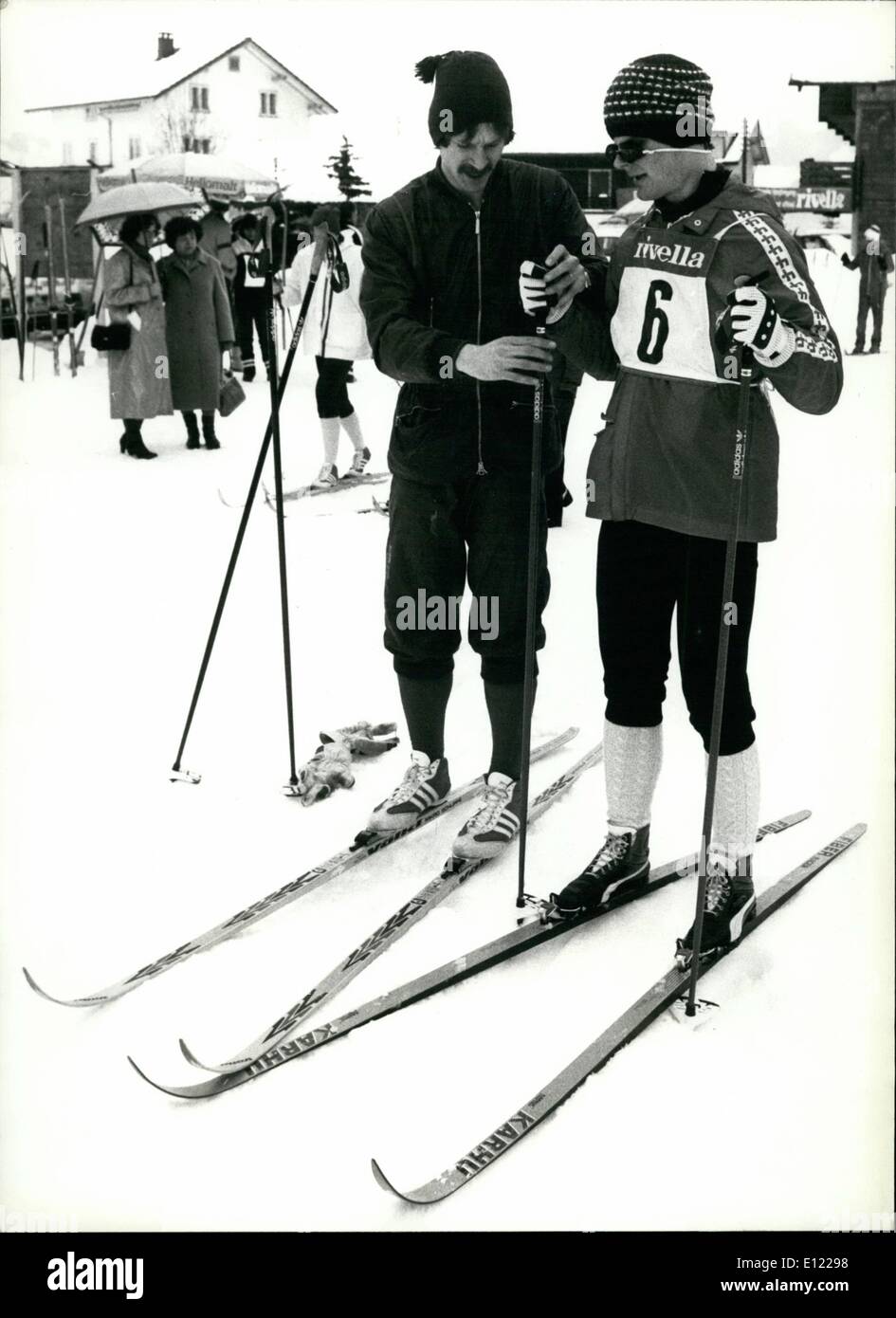 Mar. 03, 1982 - Cross-country-ski championship for the handicaped in Switzerland: The 7th Swiss cross-country-ski championship for the handicaped took place at Unteriberg, Switz., last weekend. Photo shows a blind compeditor being assisted by a fellow skier. Stock Photo