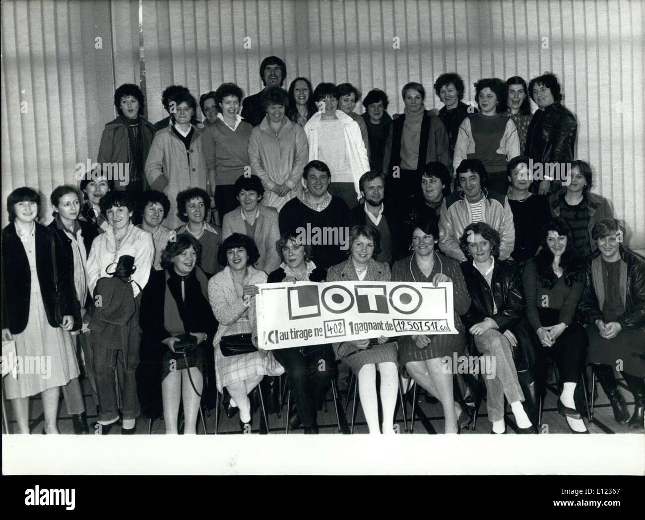Jan. 16, 1984 - About 40 people working in the Moulinex Factory have been playing the lottery since December, always using the same numbers. On Friday January 13th 1984 their perseverance was rewarded. The winners get to share a formidable sum of 12,368,658 francs. Stock Photo