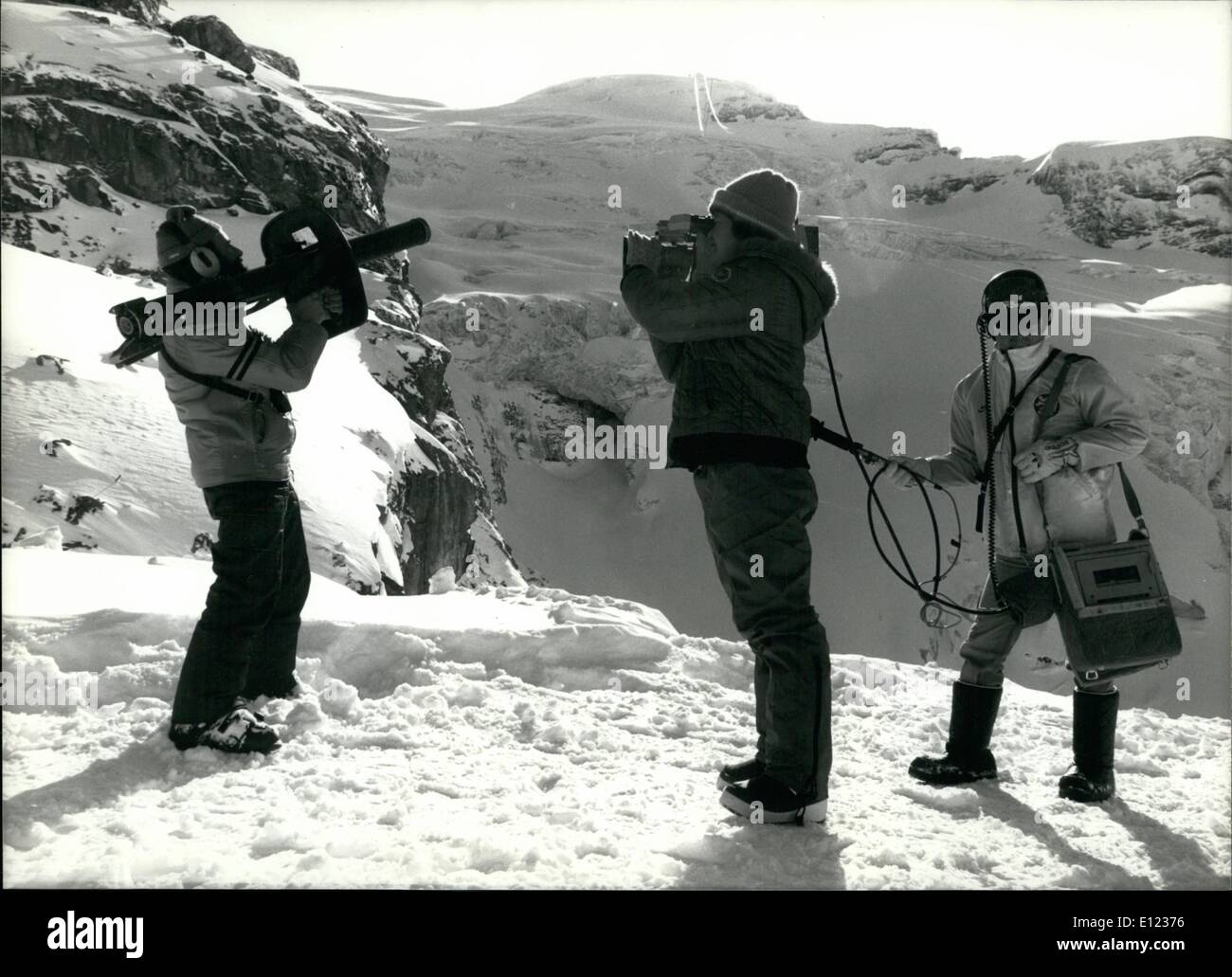 Feb. 02, 1984 - Special shooting of avalanches for Japanese TV: How the Swiss are ''shooting'' avalanches showed the avalanche-service of the Titlis-mountain-rails to a Japanese TV-team of Nippon Television here on monday. To prevent uncontrolled avalanches you shoot by rocket gun into heavy show concentrations to release avalanches at your previsions. The TV movie will be seen next Saturday in Japan. Stock Photo