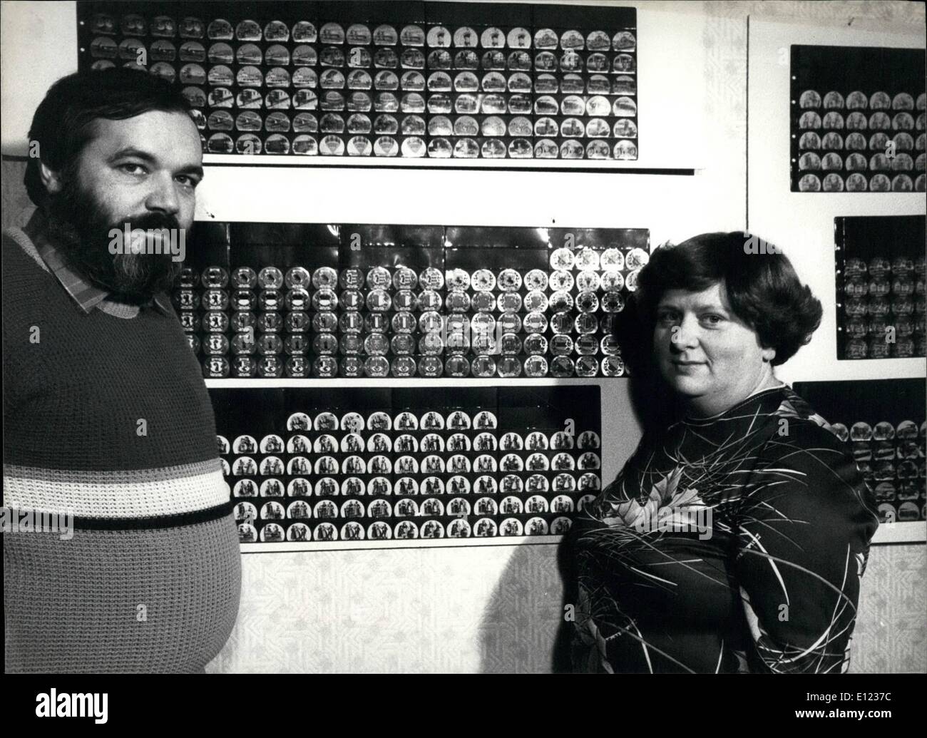 Feb. 02, 1984 - Collecting Thousands of Aluminum Lids: Swiss Peter Oehen has a rare hobby: Collecting Thousands of Aluminum Lids from the small creams cup served to your coffee or tea. Proudly he shows here together with his wife the collection at home. Stock Photo