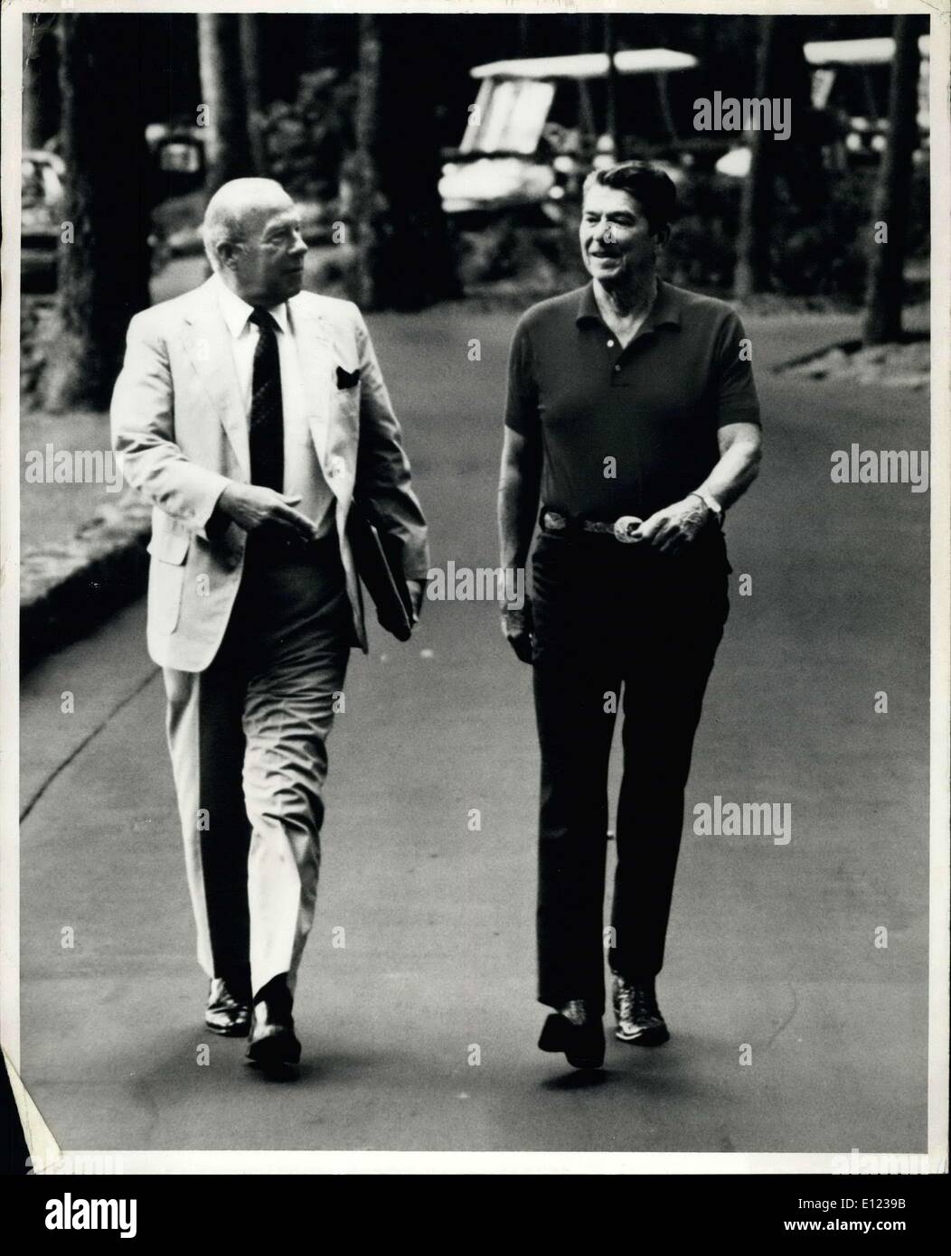 Aug. 16, 1982 - On A Path For Middle East Peace Camp David, MD: Secretary Of State George Shultz And President Ronald Reagan Are Shown As They Strolled Down A Garden Path At Camp David After The Secretary Briefed The President On The Progress Of Talks On The War In Lebanon. White House Photo From Consolidated. Stock Photo