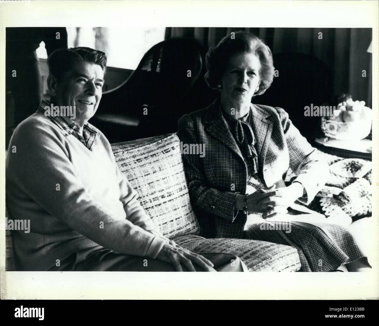 Dec. 12, 1984 - Reagan and Thatcher: President Reagan and British Prime Minister Margaret Thatcher as they confer at Camp David. Stock Photo