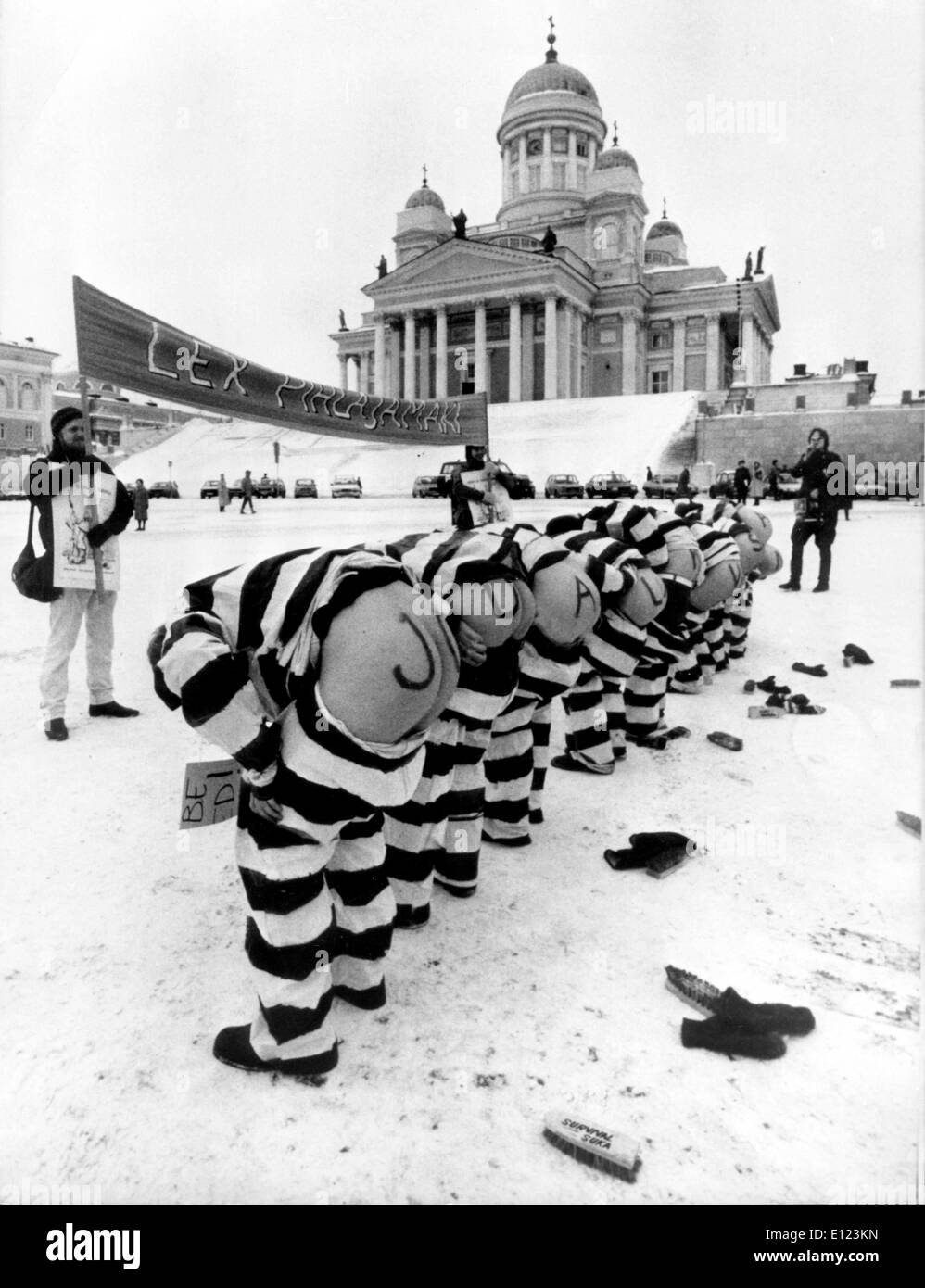 Feb 11, 1985; Helsinki, Finland; The Finish government want the military service to last longer. The action provoque the demosntration of this yooung guys in front of the parliament in Helsinki, dressed as convicts. This picture talks by itself. (Credit Image: KEYSTONE Pictures USA/ZUMAPRESS.com) Stock Photo