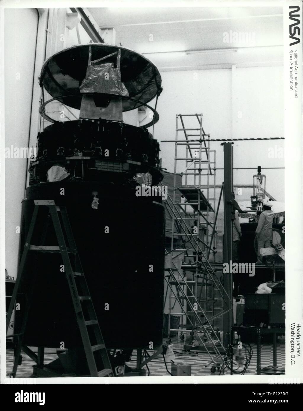 Jun. 06, 1984 - Kennedy Space Center, Fla: Two of the commercial satellites that will be haulked into orbit on Shuttle Flight 412-F are shown being proceeded in Hangar AM at Cape Canaveral Air Force Station.To t right is the Telstar 3 spacecraft, the second of three advances satellites owned by AT &T and used to valey a variety of voice, date, audio and video signals over its 24 transponders. In the foreground us SBS 4, a demotic Communications satellite for Satellite Business Systems, which will lease five of its 10 transponders to Satellite Television Corp Stock Photo