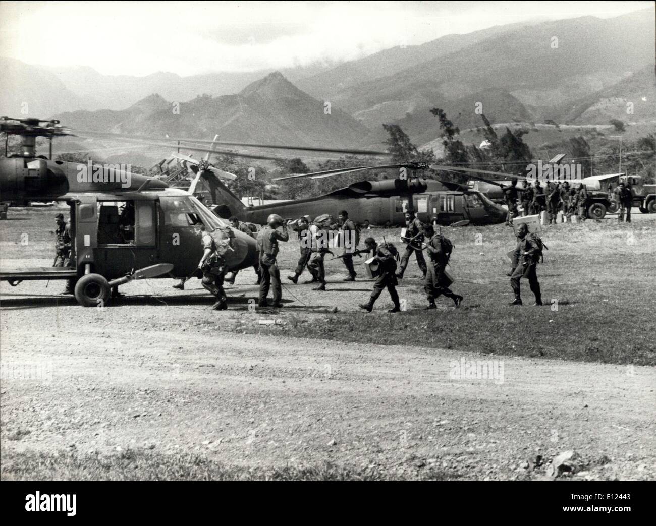 Jul. 17, 1984 - Honduras has the biggest and best Air Force of Central America. Picture is showing US-troop transport helicopters at the air base of El Aguacate. Since 1982 US-pioneer troops are building in the whole country of Honduras landing pistes. The piste at El Aguacate, built 2 months ago, in a length of 2 kilometers, can also be used for extenbded area transport planes of the type C-5A. El Aguacate is only 100 kilometres away from the frontier of Nicaragua. Stock Photo