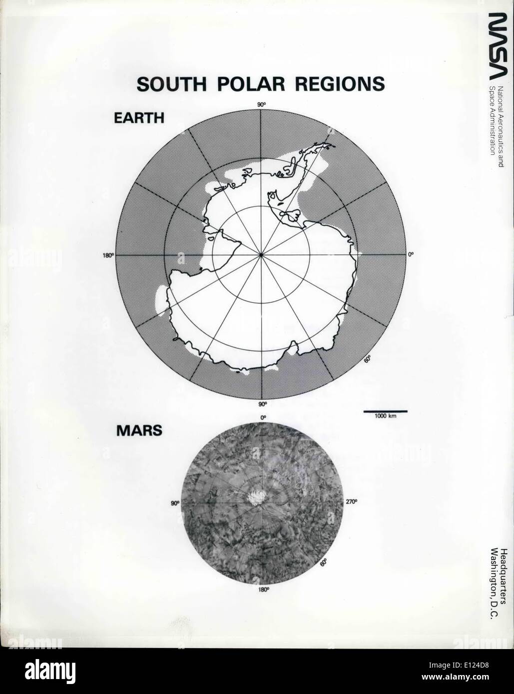 Oct. 10, 1984 - The South Polar Regions of Earth and Mars: Like the Earth, Mars has polar caps that wax and wane with seasons. Because of the much lower temperatures on Mars and the Composition of its atmosphere (primarily Carbon Dioxide), most of its polar ''snow'' is actually a thin coating of Carbon dioxide frost. However, spacecraft measurements have determined that the small residual ice cap that remains during the summer seasons in the northern hemisphere is actually made up of water ice. The same is probably true of the southern hemisphere ice cap Stock Photo