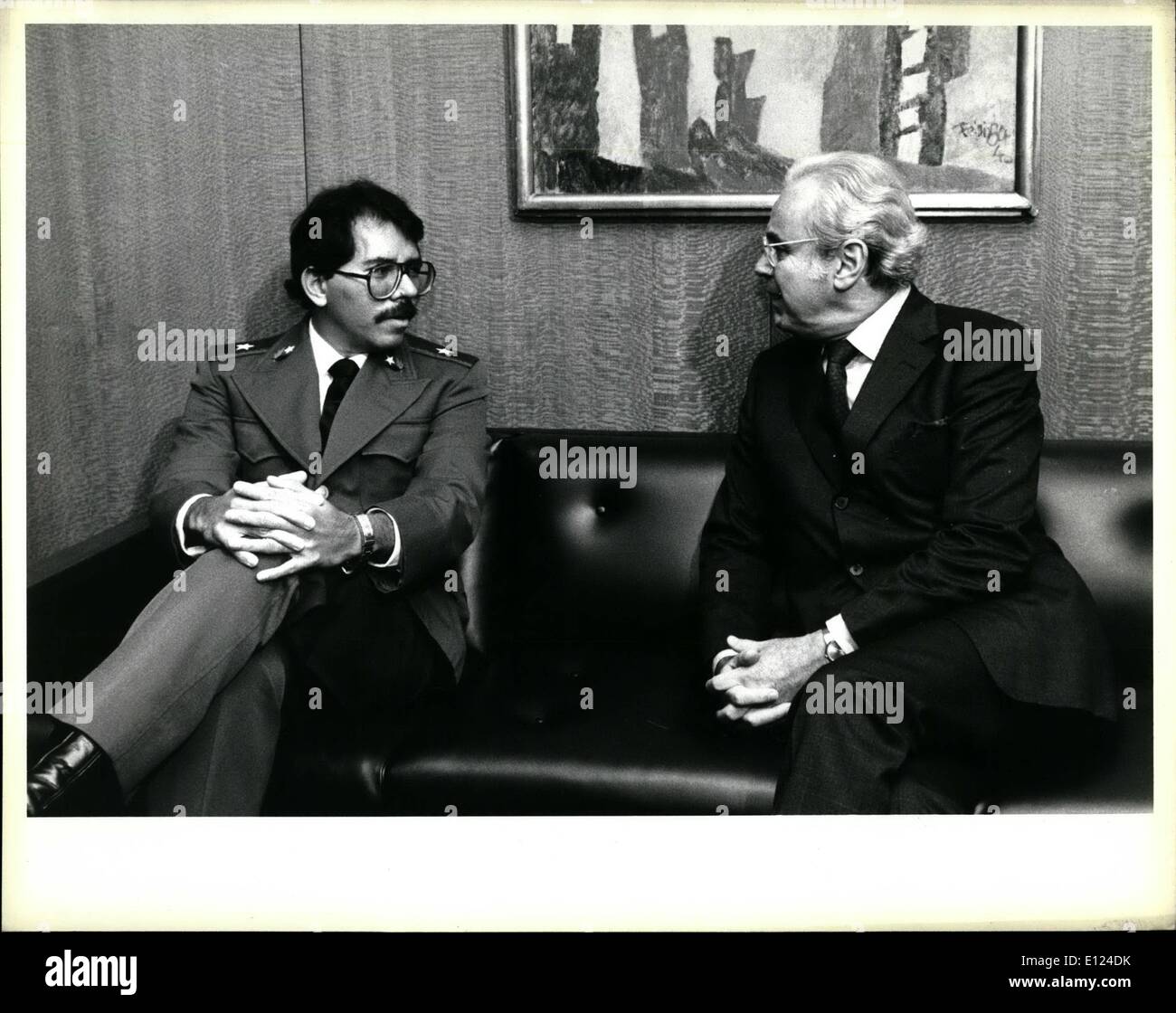 Oct. 10, 1984 - Secretary General meets with head of State of Nicaragua: Secretary General Javier Perez De Cuellar (left), meeting today in his office at UN Head quarters with Daniel Ortega Saavedra, head of State of Nicaragua. Stock Photo