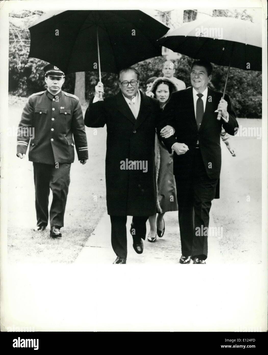 Dec. 01, 1984 - Watch your credit Consolidated News Picture : White House photo Washington , D.C. 1/12/84. President Reagan walks Premier Zhao of the People's Republic of China to his car following today's plenary session in the Cabinet Room. White House Photo by Mary Anna Fackelman from Consolidated News Pictures. Stock Photo