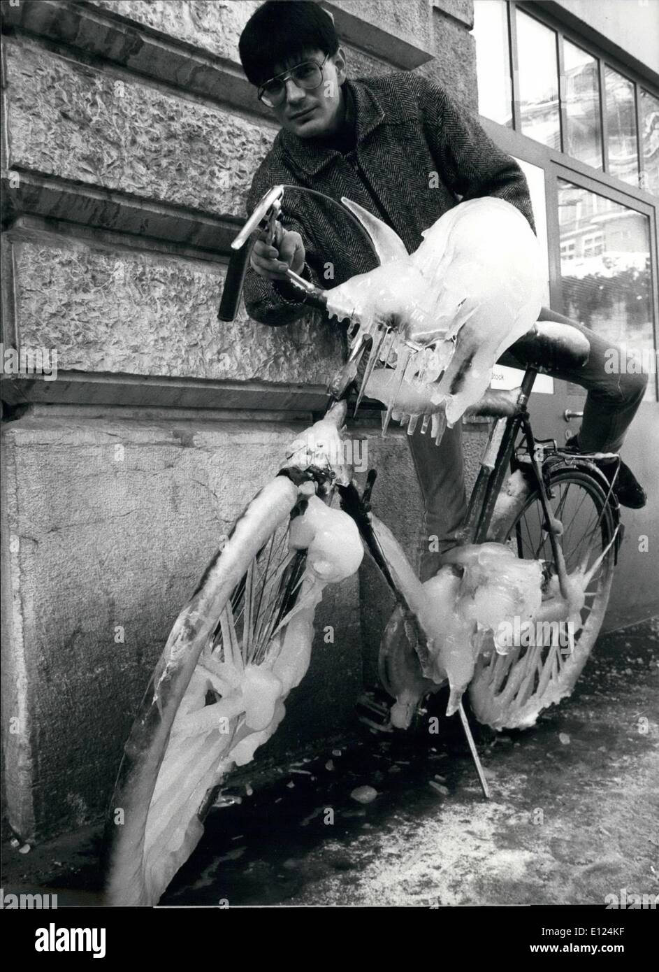 Feb. 02, 1986 - Cycling is not easy; these days in Zurich, as heavy snowfalls and low temperatures made traffic almost impossible. This bicyclist will have some problems to start. Stock Photo