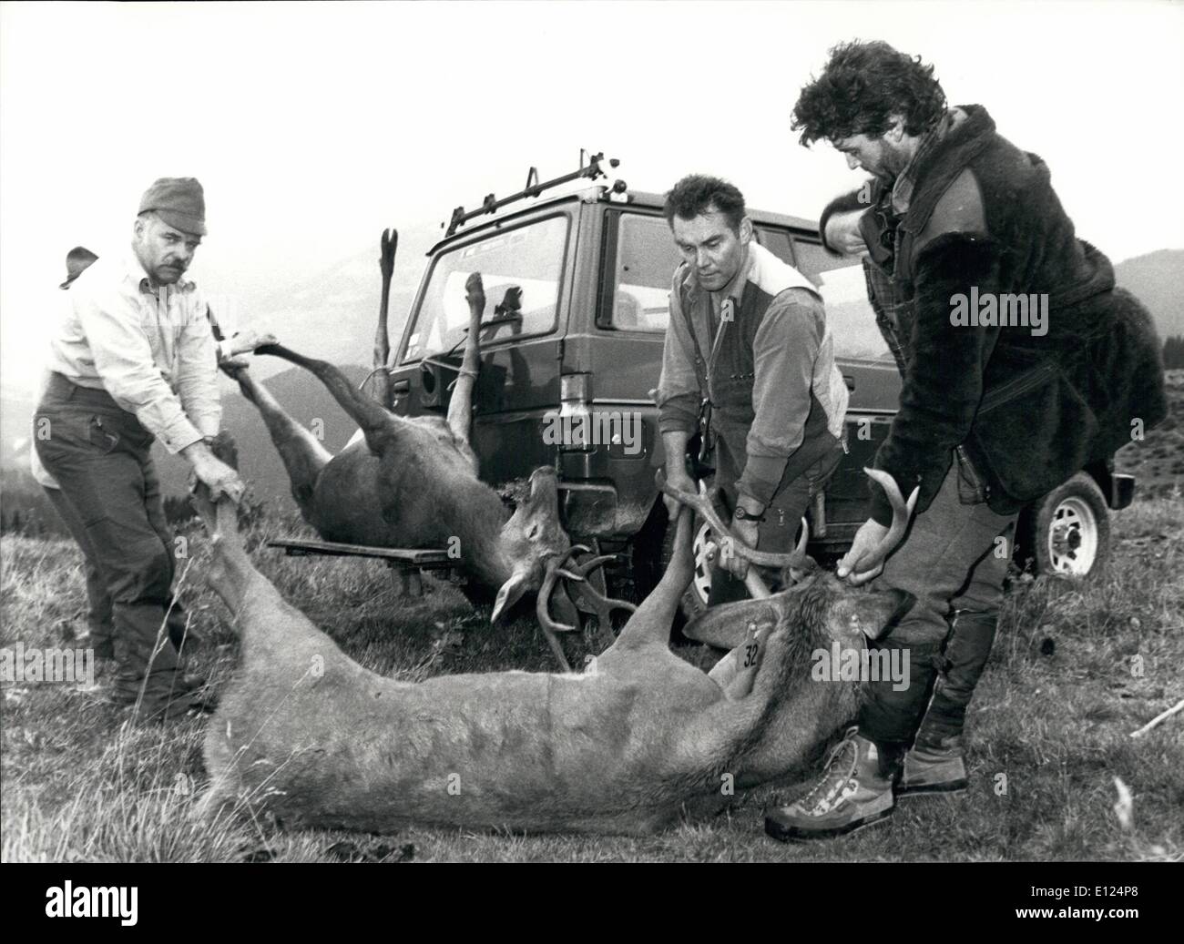 Sep. 09, 1990 - Start of hunting in Switzerland: In the Swiss mountains these days the hunting is starting. These hunters were luck already the first day when they shot two big harts. Stock Photo