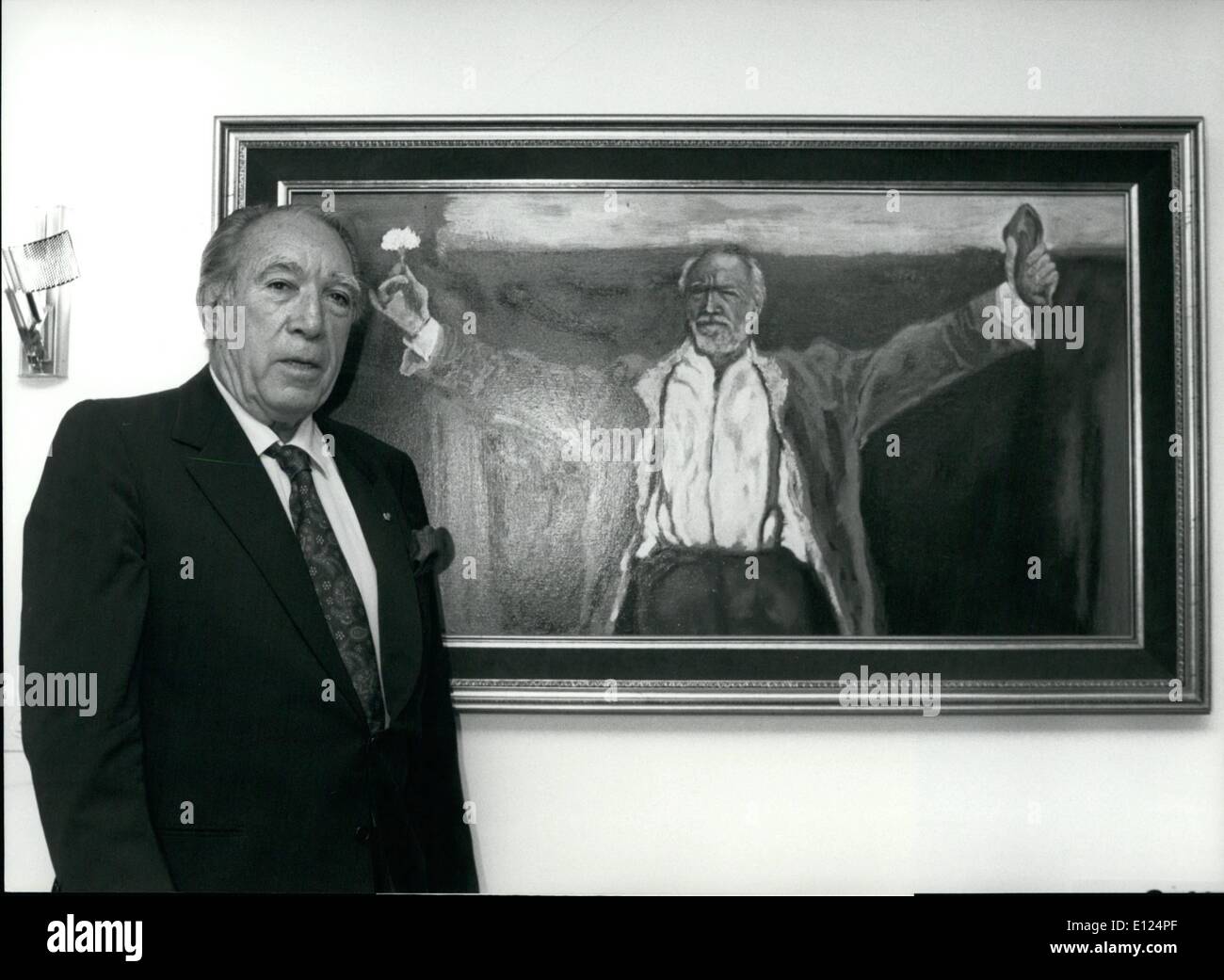 Oct. 10, 1990 - Anthony Quinn's Art Exhibition American actor Anthony Quinn  poses beside a self-portrait the vernissage of his exhibition in the Castle  of Schwarzenbach near St. Gallen (Switzerland), Oct. 25.