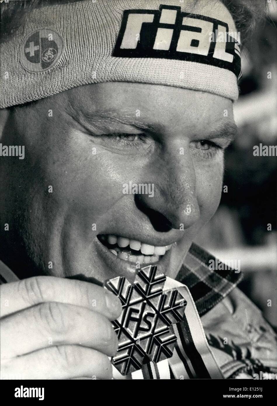 Jan. 01, 1987 - Gold for Peter Mueller - A Smiling Peter Muller Presents his gold medal after winning the men's downhill competition at the Skiing World Championships in Crans- Montana, Jan 31. Stock Photo