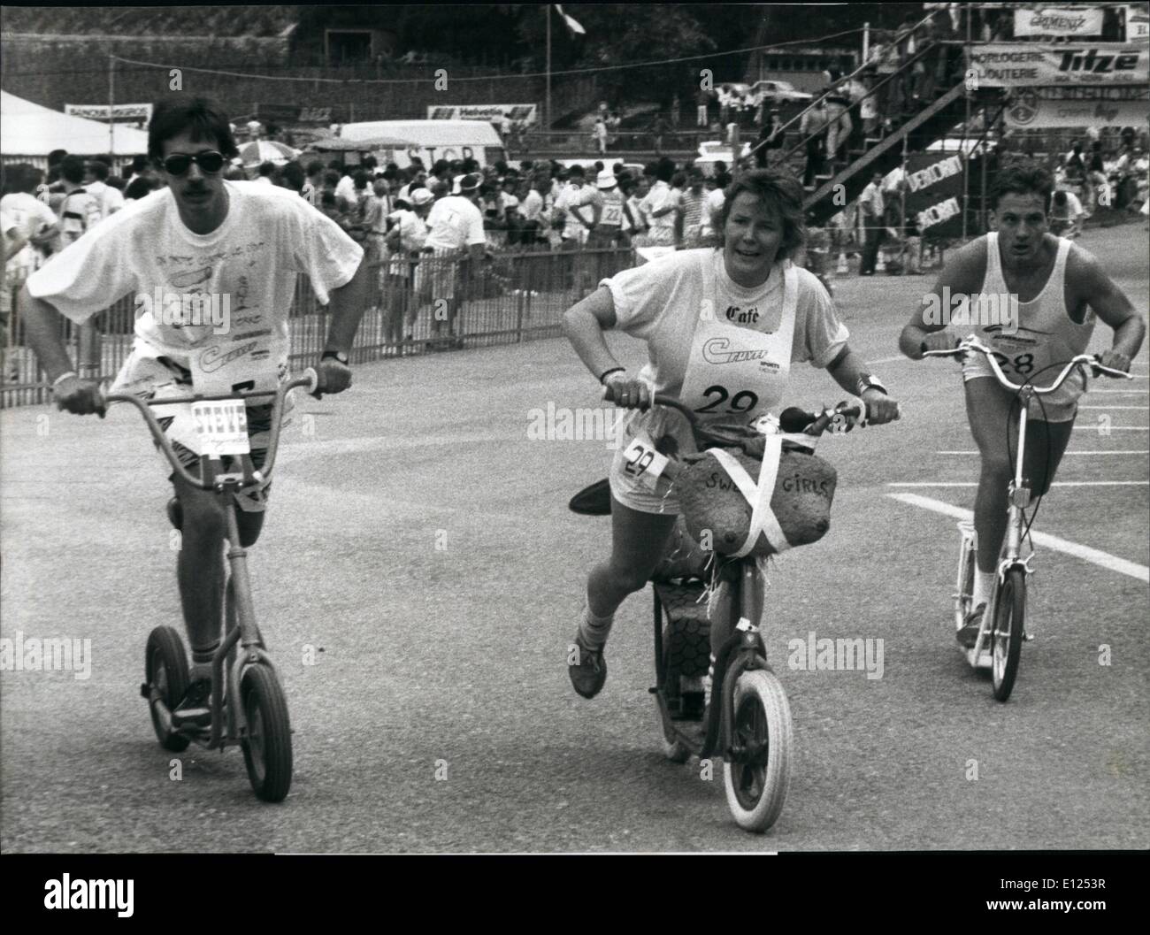 Jun. 06, 1991 - 24 hours scooter rally. A 24 hours scooter rally was hold in Sierre (near Geneva) for the closing show of the International Comics Festival, June 15. 53 teams from Germany, France and Soviet Union took part in the competition. The special scooters models are made out of the same plastic material as formula 1 cars or planes to increase the aerodynamics. The organisators of the rally also wanted to make propaganda for the scooter as a new and effective transport vehicle in the city traffic. Stock Photo