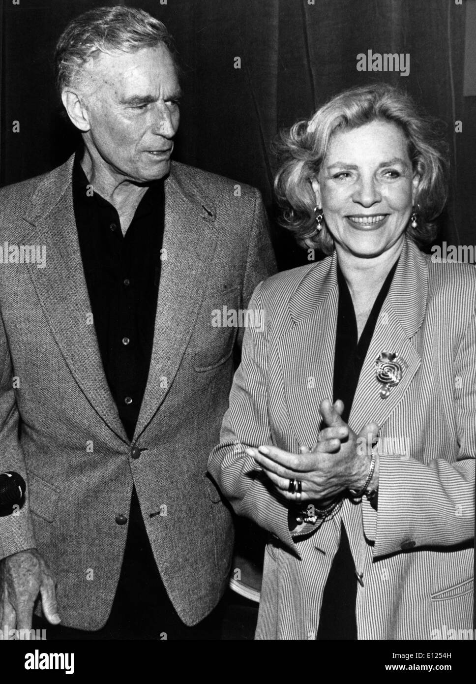 Jun 21, 1991; Rome, Italy; Actor CHARLTON HESTON known for his religious roles in 'Ben-Hur' and 'The Ten Commandments', pictured with LAUREN BACALL. . (Credit Image: KEYSTONE Pictures USA/ZUMAPRESS.com) Stock Photo