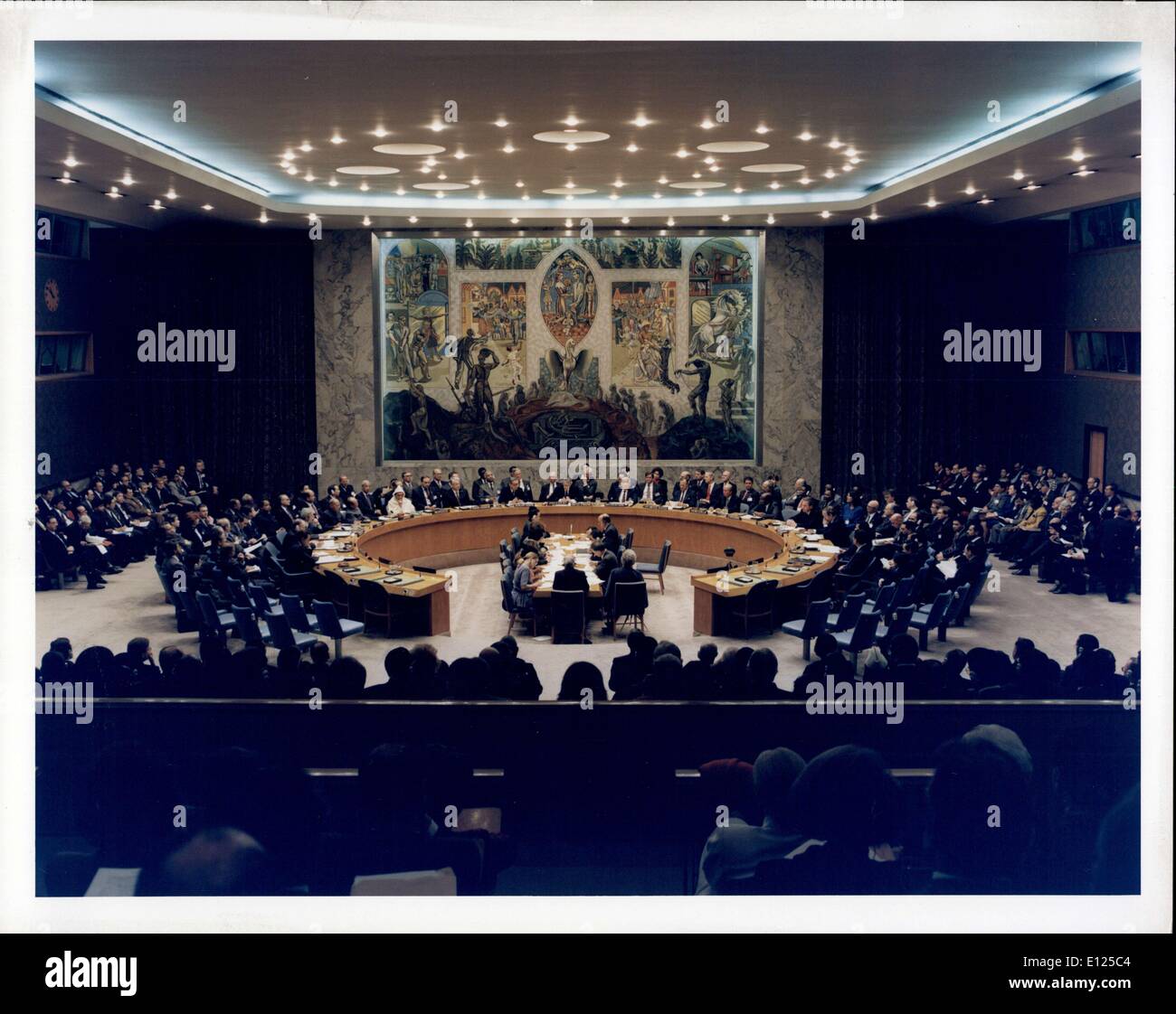 Jan. 31, 1992 - At a time of momentum change, the first summit-level meeting of the United Nations Security Council was held today. The meeting reaffirmed the central role of the Security Council in maintaining world peace and the principle of collective security. Attending the meeting were 13 heads of state and government, as well as two foreign ministers, representing the members of the security countil. The participants issued a declaration that commits them to measures intended to halt the spread of weapons of mass destruction Stock Photo