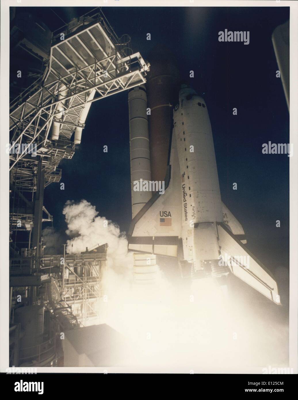 Feb. 03, 1994 - Kennedy Space Center, FLA. - A golden new era in space cooperation begins with a flawless countdown and the ontime liftoff of the Space Shuttle Discovery on Mission STS-60. Liftoff from Launch Pad 39A occured at 7:10:01 a.m., EST. The first Shuttle mission of 1994 carries the first Russian cosmonaut, Sergei K. Krikalev, to fly on the Space Shuttle. The veteran space traveler joins astronauts N. Jan Davis and Ronald M. Sega, mission specialists; Franklin R. Chang-Diaz, payload commander: Kenneth S. Reightler, pilot; and Charles F. Bolden Jr Stock Photo